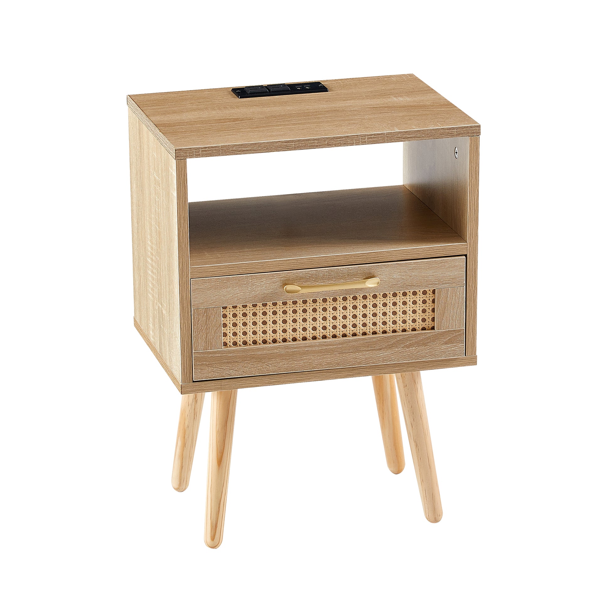 15.75" Rattan End Table With Power Outlet & Usb Portsmodern Nightstand With Drawer And Solid Wood Legs, Side Table For Living Room, Bedroom,Natural Natural Solid Wood Mdf