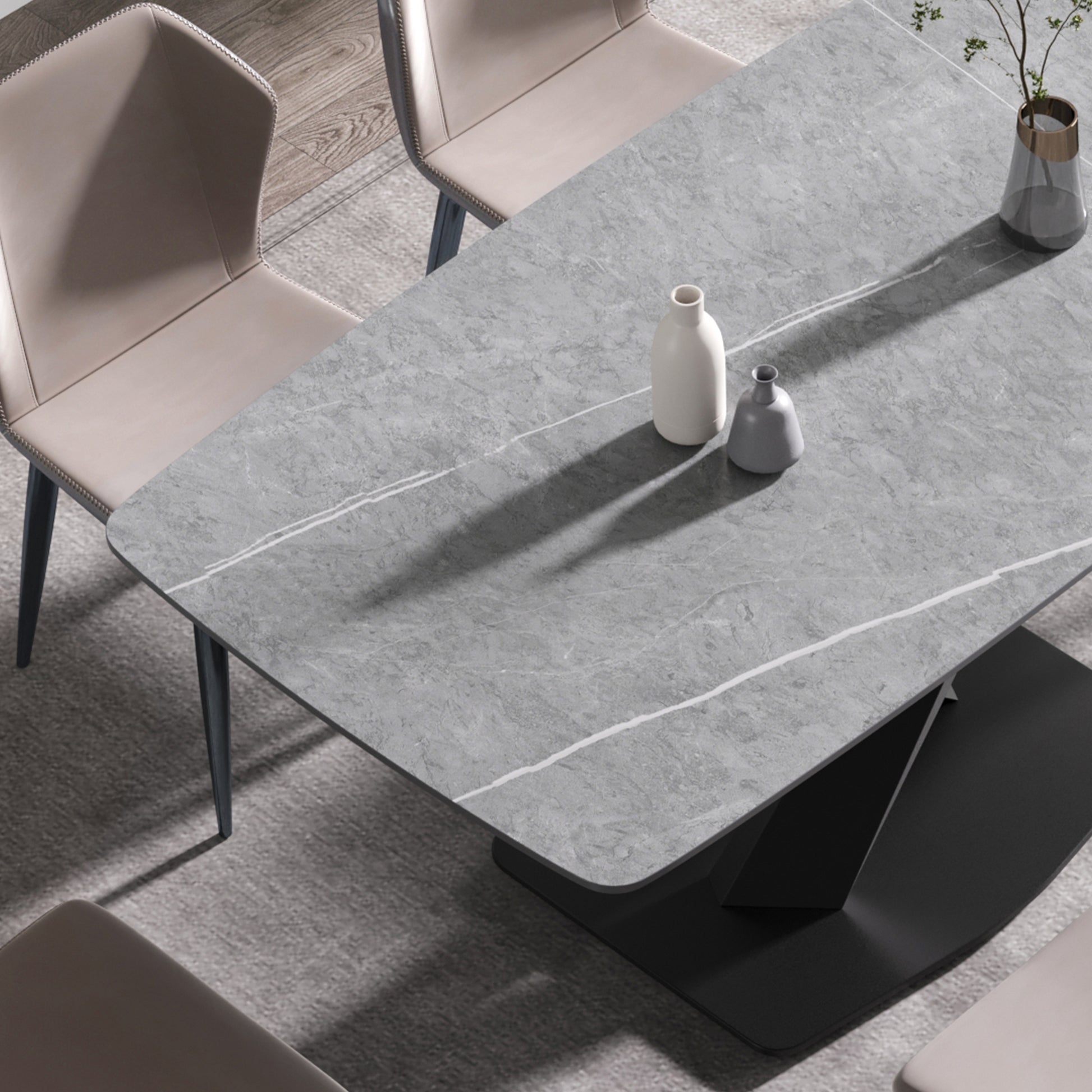 70.87"Modern Artificial Stone Gray Curved Black Metal Leg Dining Table Can Accommodate 6 8 People Gray Metal Sintered Stone