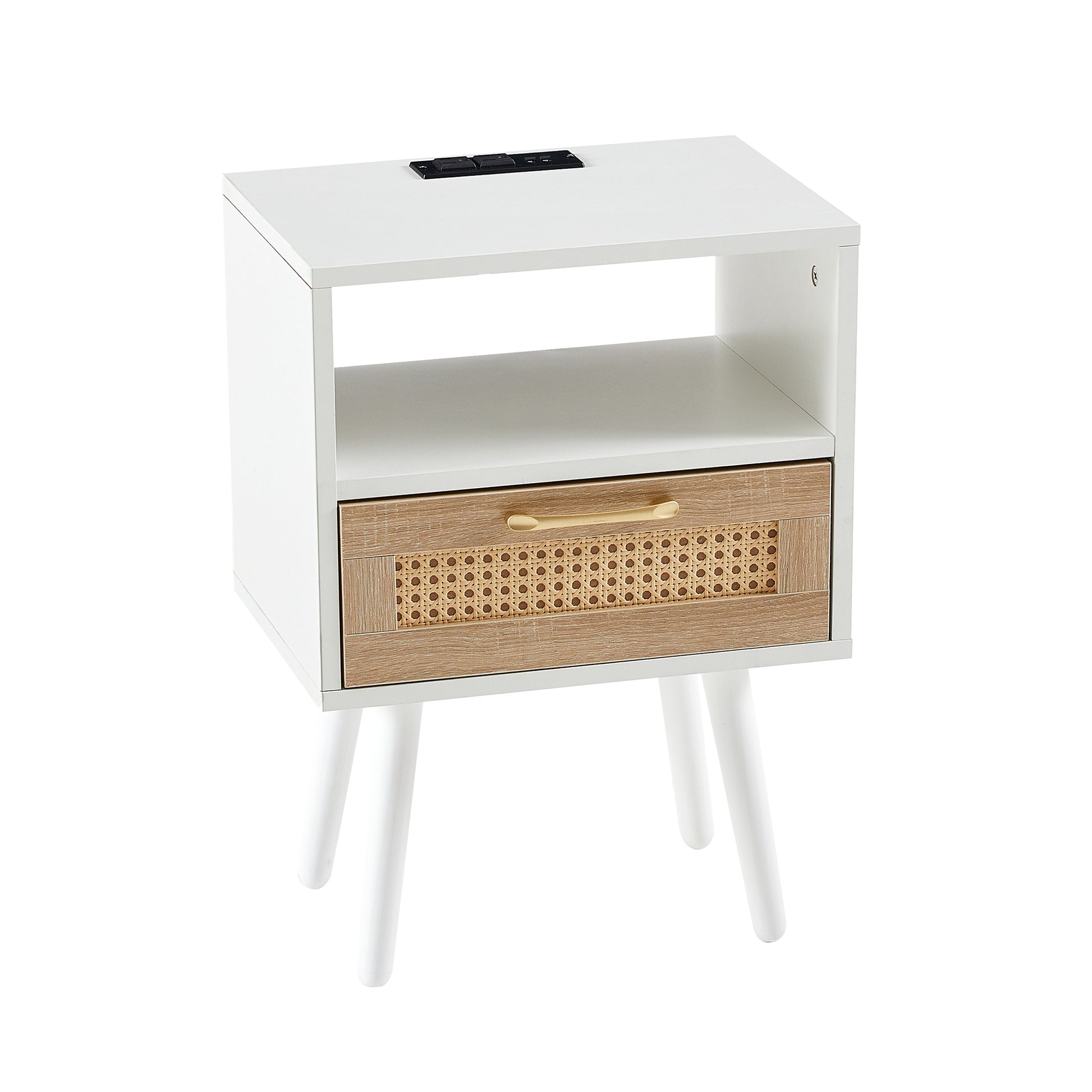 15.75" Rattan End Table With Power Outlet & Usb Portsmodern Nightstand With Drawer And Solid Wood Legs, Side Table For Living Room, Bedroom, White White Solid Wood Mdf