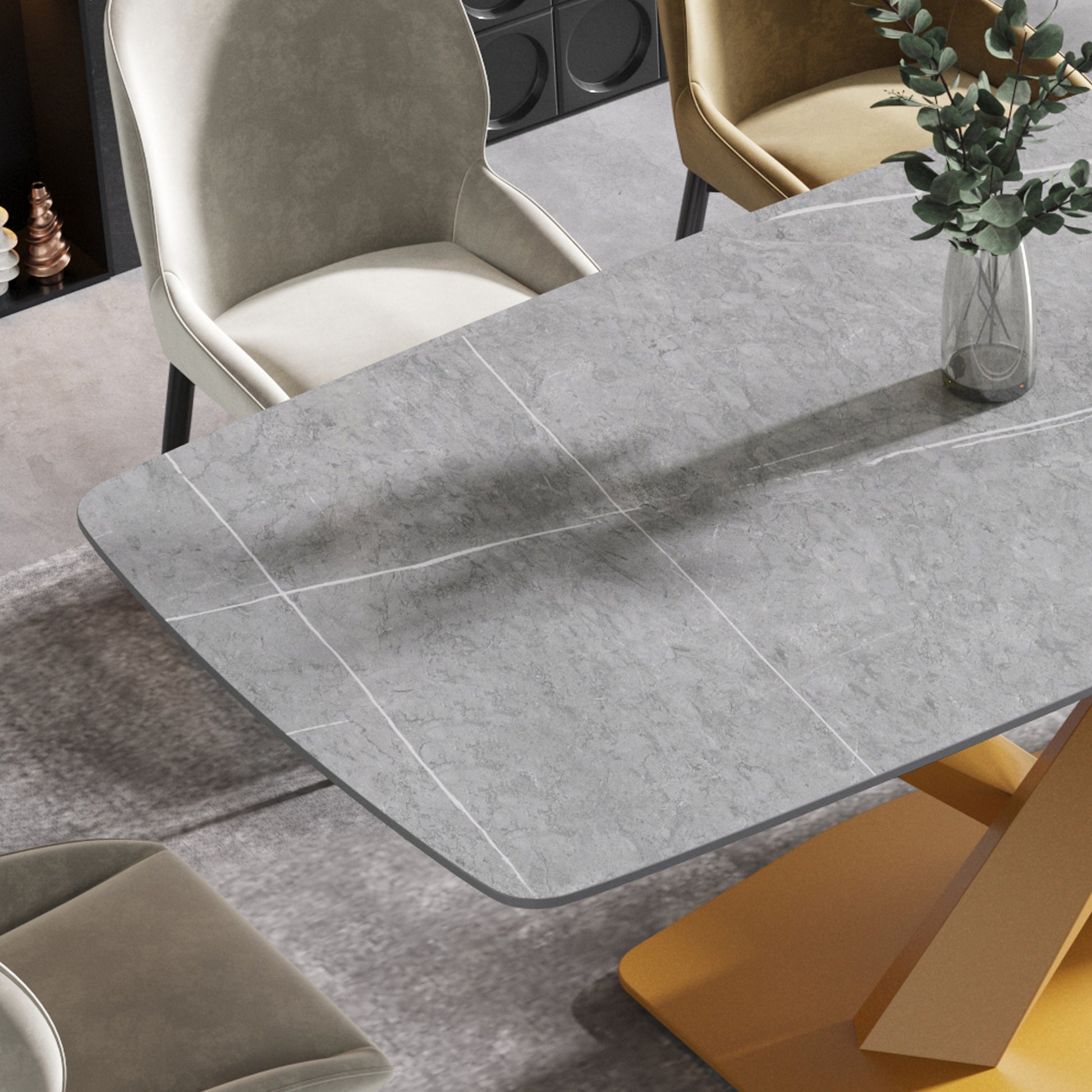 70.87"Modern Artificial Stone Gray Curved Golden Metal Leg Dining Table Can Accommodate 6 8 People Gray Metal Sintered Stone