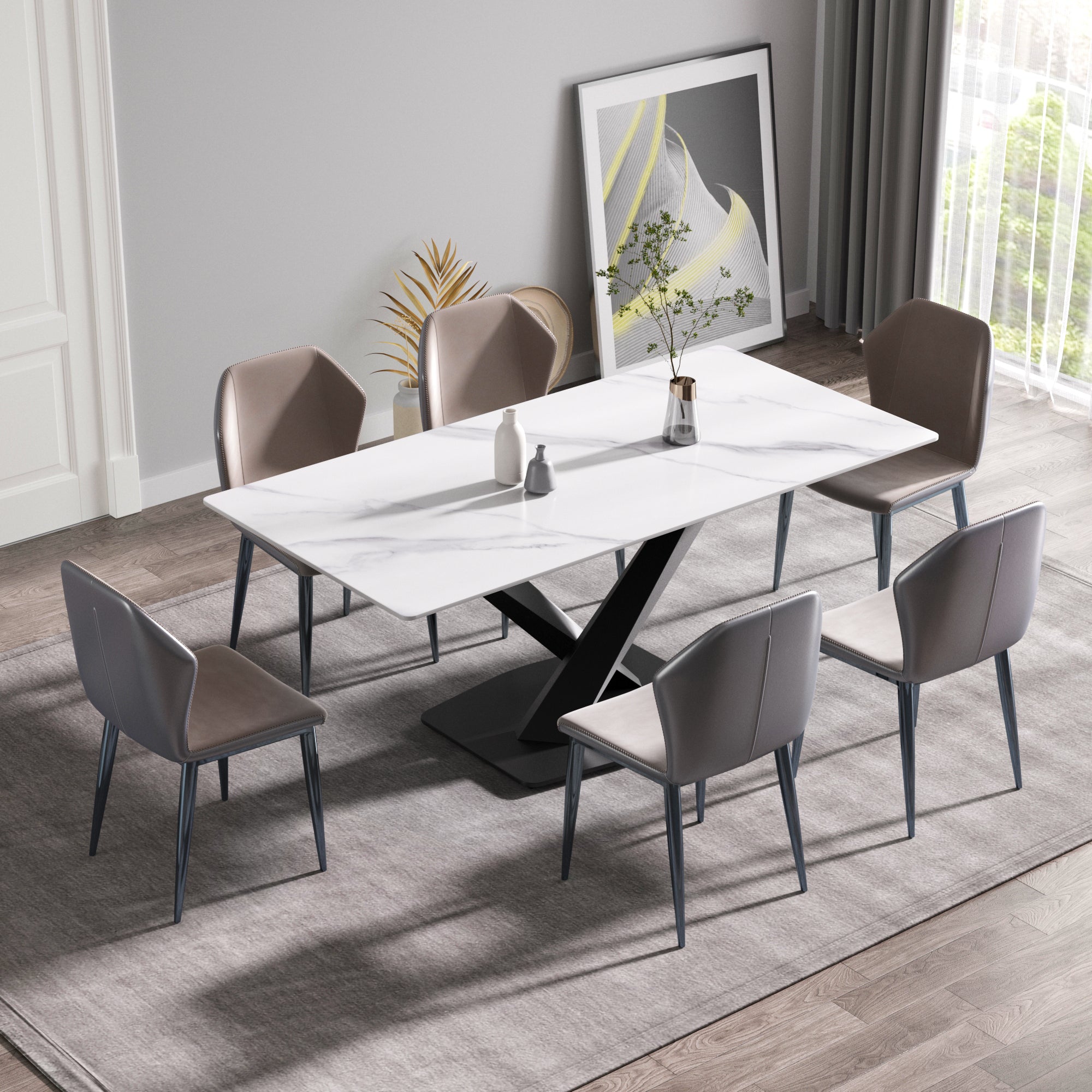 70.87" Modern Artificial Stone White Straight Edge Black Metal Leg Dining Table Can Accommodate 6 8 People White Metal Sintered Stone