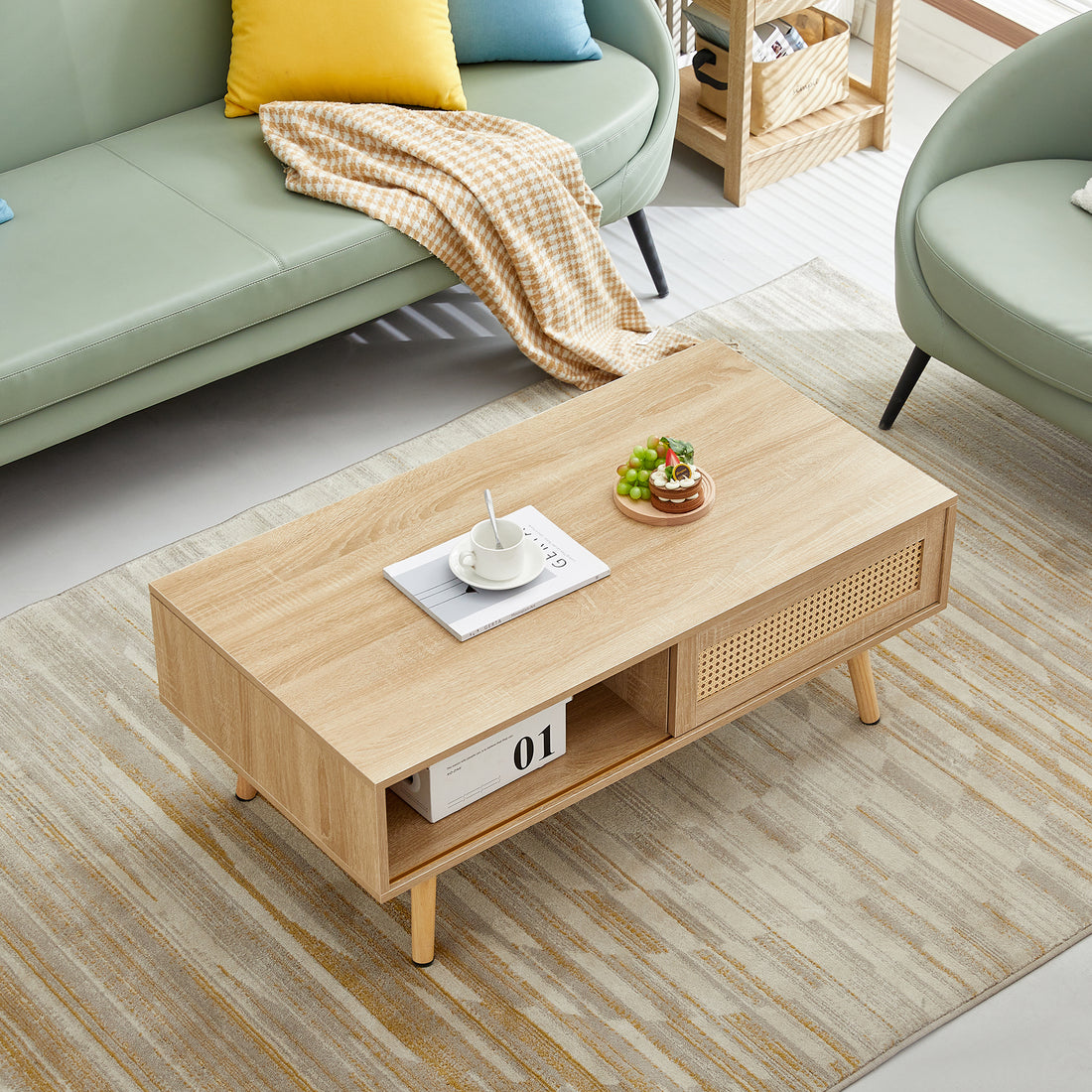 41.34" Rattan Coffee Table, Sliding Door For Storage, Solid Wood Legs, Modern Table For Living Roomnatural Natural Solid Wood Mdf