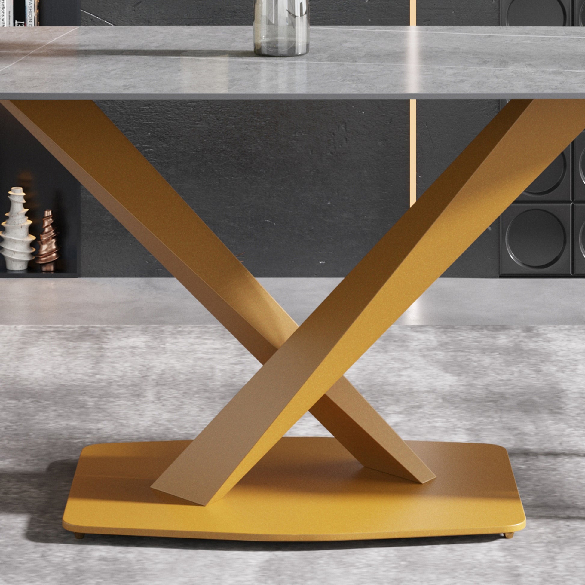 70.87"Modern Artificial Stone Gray Curved Golden Metal Leg Dining Table Can Accommodate 6 8 People Gray Metal Sintered Stone