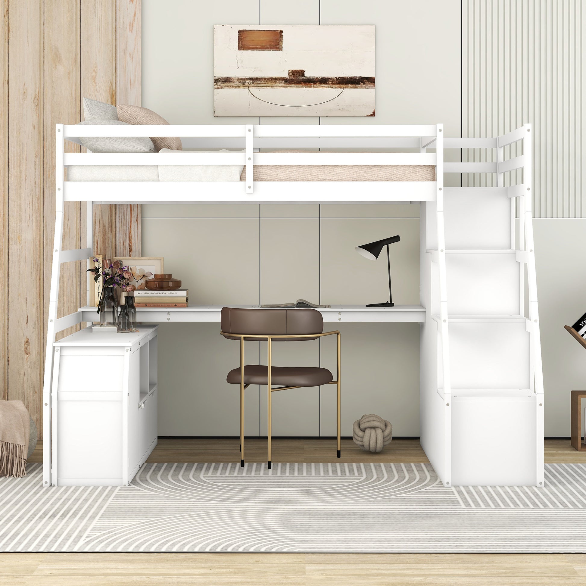 Twin Size Loft Bed With 7 Drawers 2 Shelves And Desk White White Plywood