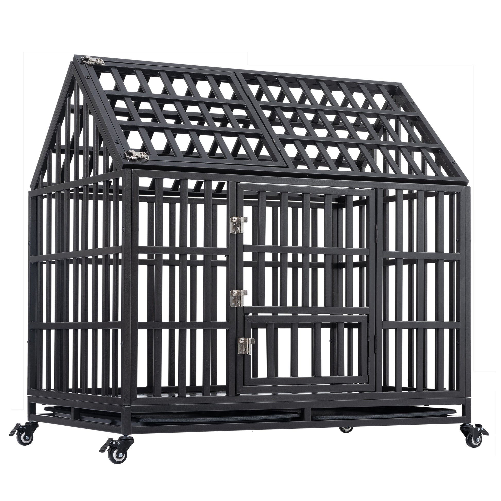 Heavy Duty Dog Cage Pet Crate With Roof Black Carbon Steel