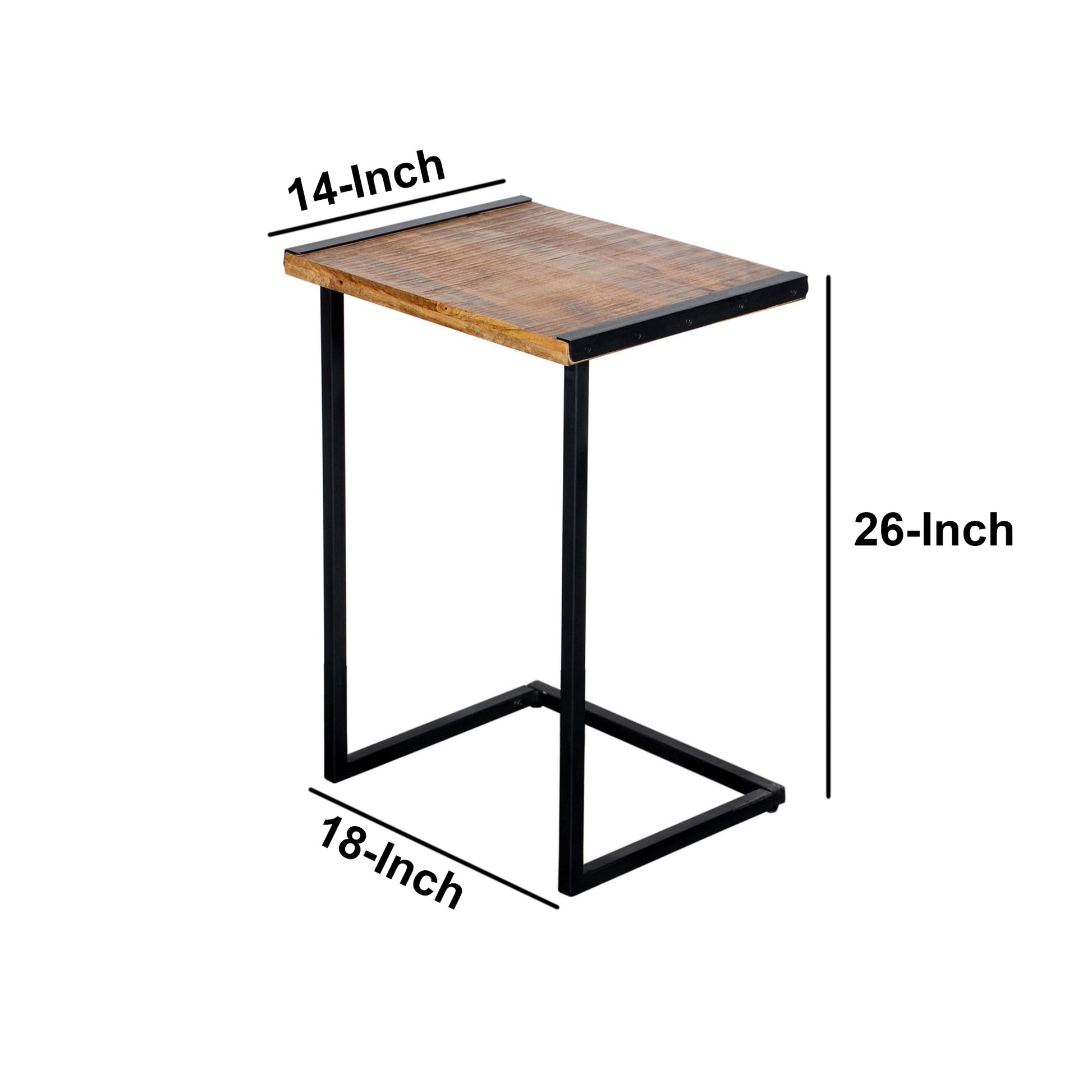 C Shape Mango Wood Sofa Side End Table With Metal Cantilever Base, Brown And Black Walnut Black Metal & Wood