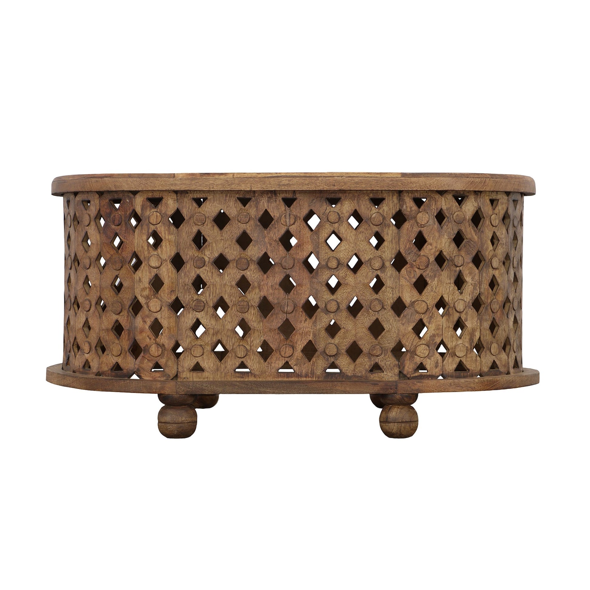 36 Inch Handcrafted Oval Coffee Table, Intricate Cutout Design, Antique Brown Brown Solid Wood