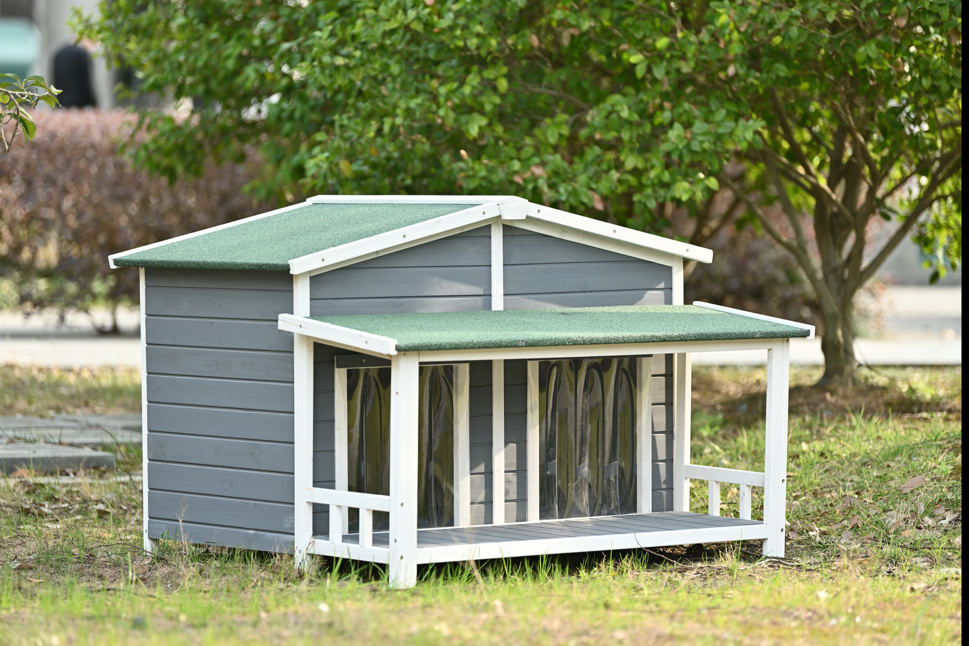 47.2" Large Wooden Dog House Outdoor, Outdoor & Indoor Dog Crate, Cabin Style, With Porch, 2 Doors, Gray And Green Gray Outdoor Kennel Medium 26 40 Lbs Solid Wood