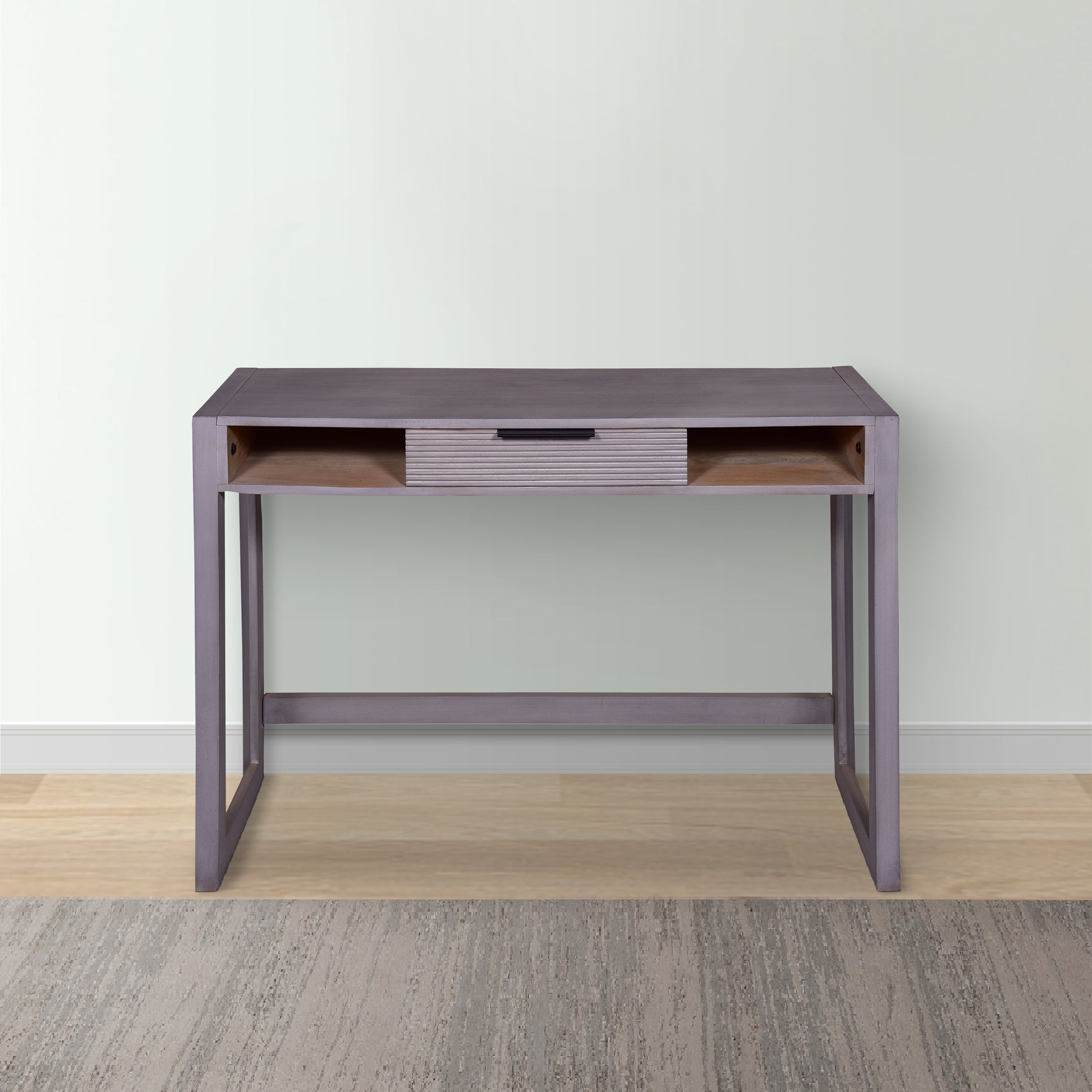 44 Inch Minimalist Single Drawer, Mago Wood, Entryway Console Table Desk, Textured Groove Lines, Gray Gray Solid Wood