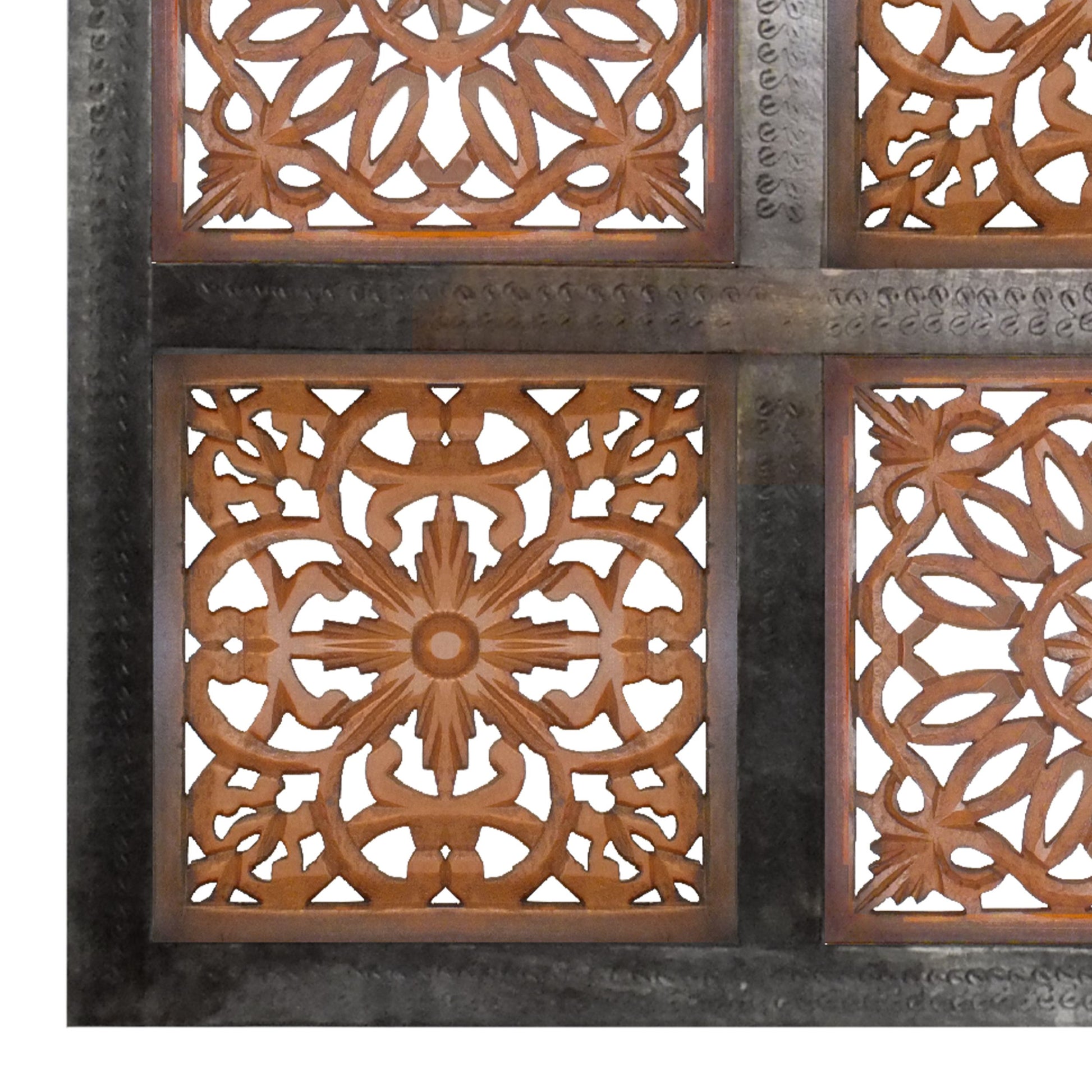 Decorative Mango Wood Wall Panel With Cutout Flower Pattern, Brown Brown Metal & Wood