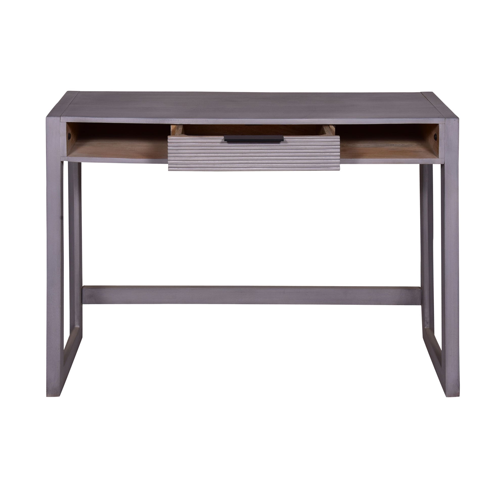 44 Inch Minimalist Single Drawer, Mago Wood, Entryway Console Table Desk, Textured Groove Lines, Gray Gray Solid Wood