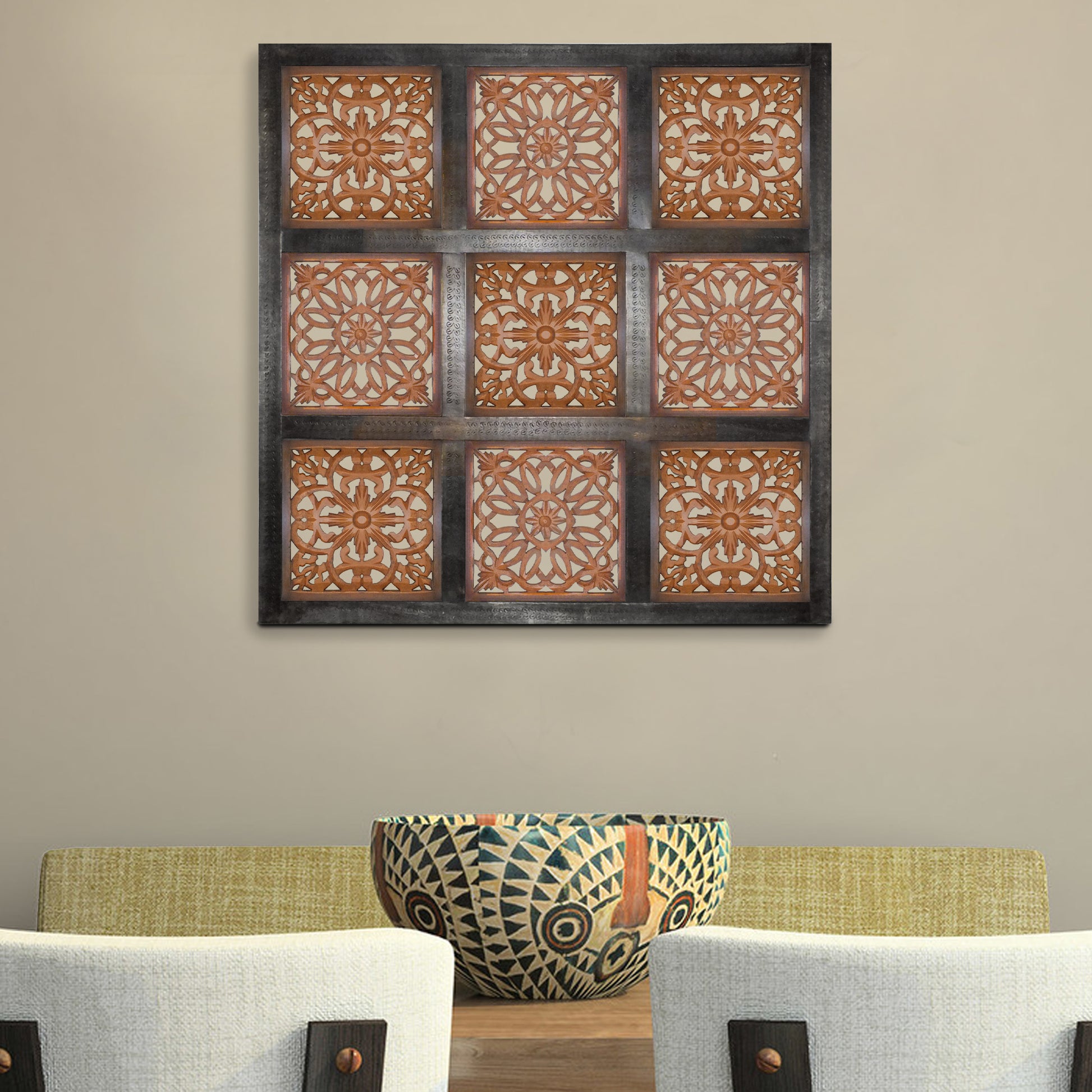 Decorative Mango Wood Wall Panel With Cutout Flower Pattern, Brown Brown Metal & Wood