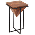 26 Inch Pyramid Shape Wooden Side Table With Cross Metal Base, Brown And Black Walnut Black Metal & Wood