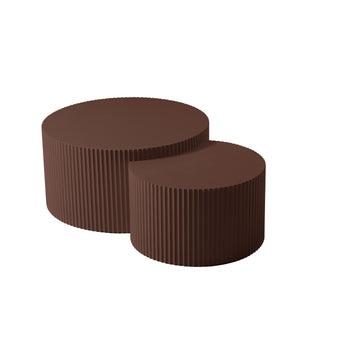 Handcrafted Relief Mdf Nesting Table Set Of 2, Round And Half Moon Shapes, Brown, No Need Assembly Dark Brown Mdf