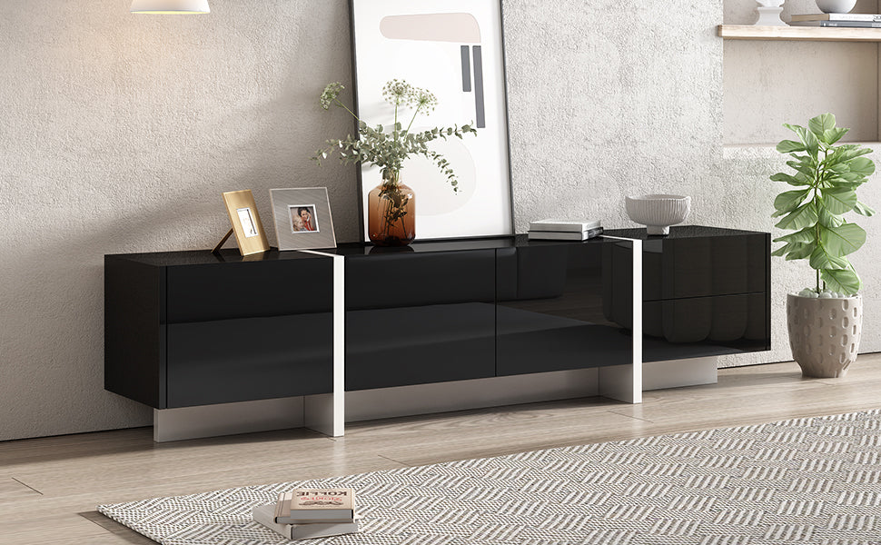 White & Black Contemporary Rectangle Design Tv Stand, Unique Style Tv Console Table For Tvs Up To 80'', Modern Tv Cabinet With High Gloss Uv Surface For Living Room. Black Particle Board