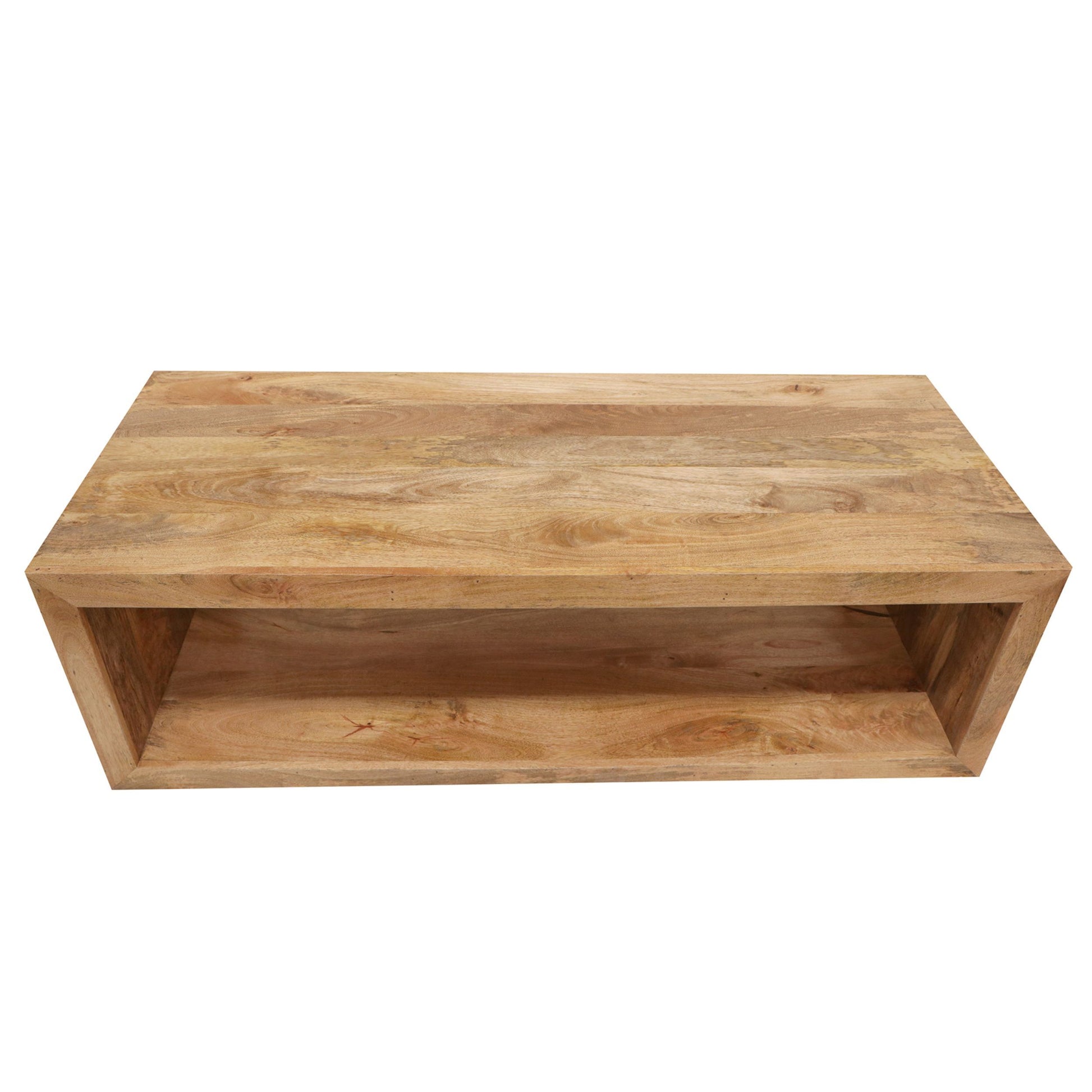 Keli 58 Inch Mango Wood Coffee Table, Open Cube, 1 Shelf, Natural Brown Brown Solid Wood