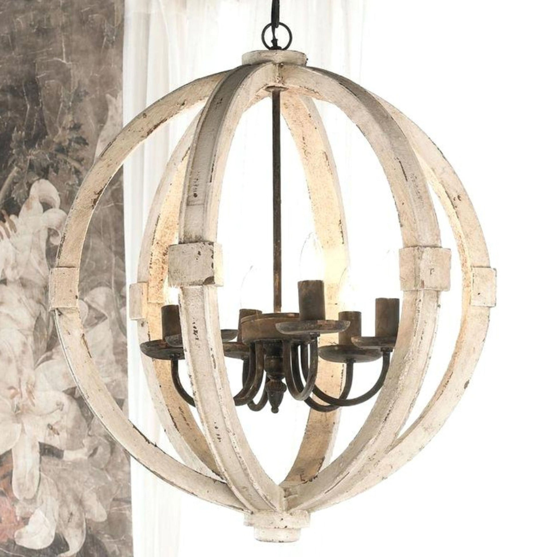 Calder Wooden Orb Shape Chandelier With Metal Chain And Six Bulb Holders, White White Metal & Wood