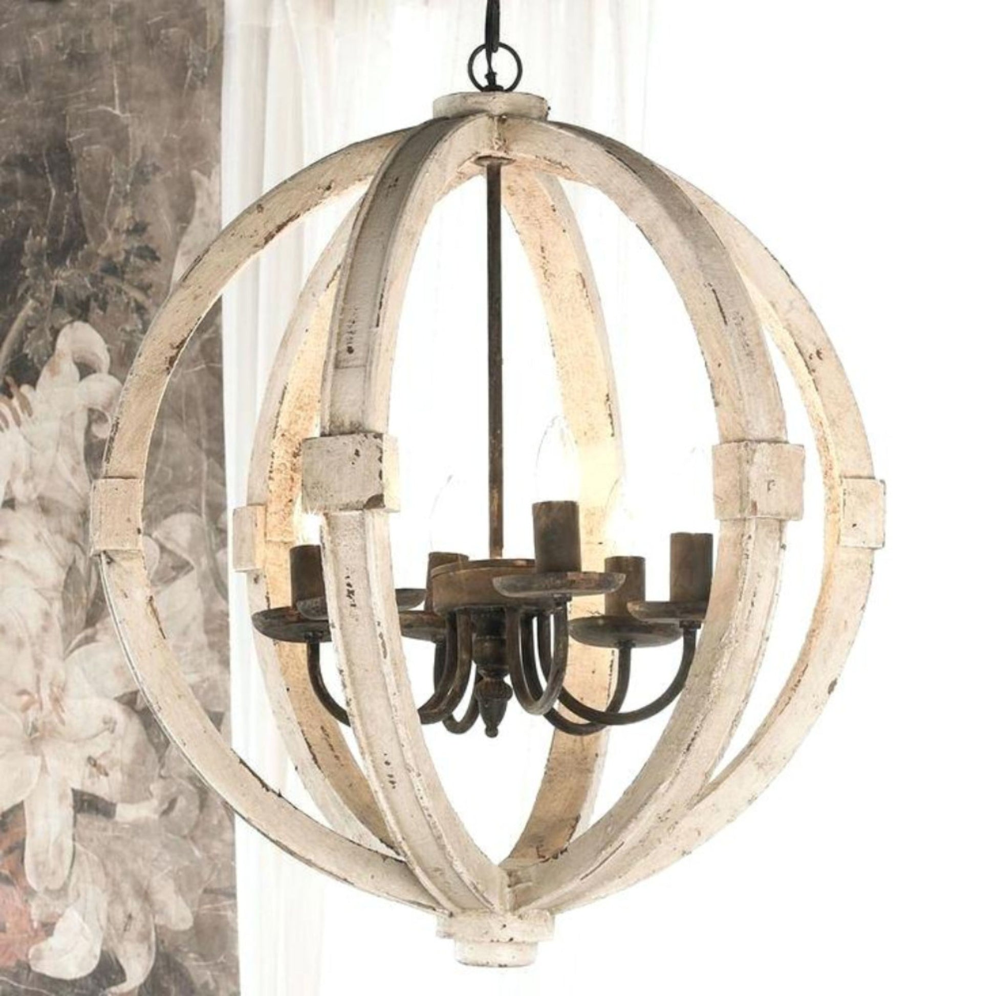 Calder Wooden Orb Shape Chandelier With Metal Chain And Six Bulb Holders, White White Metal & Wood