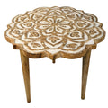 18 Inch Handcrafted Mango Wood Side End Table, Floral Carved Top, Tripod Base, Antique Brown, White Brown White Solid Wood