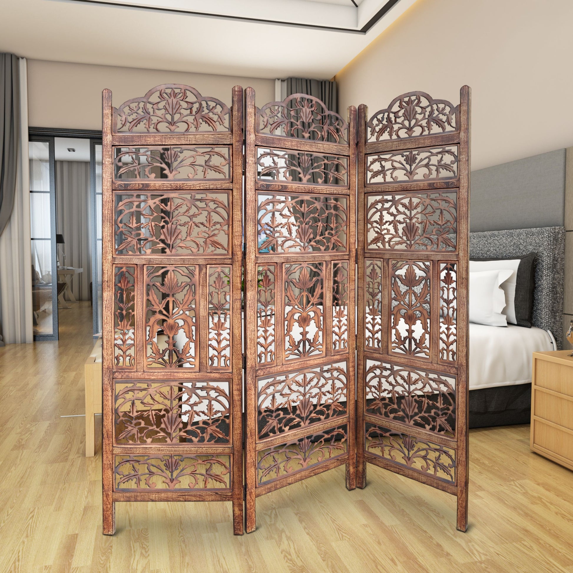 Handcrafted 3 Panel Mango Wood Screen With Cutout Filigree Carvings, Brown Brown Solid Wood Mdf