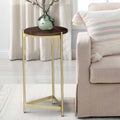 Brita 12 Inch Cocktail Accent Table, Round Wood Top, Triangular Gold Base, Brown, Brass Golden White Metal & Wood