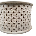 28 Inch Artisanal Round Mango Wood Coffee Table, Intricate Diamond Lattice Cut Out Frame, Washed White White Solid Wood