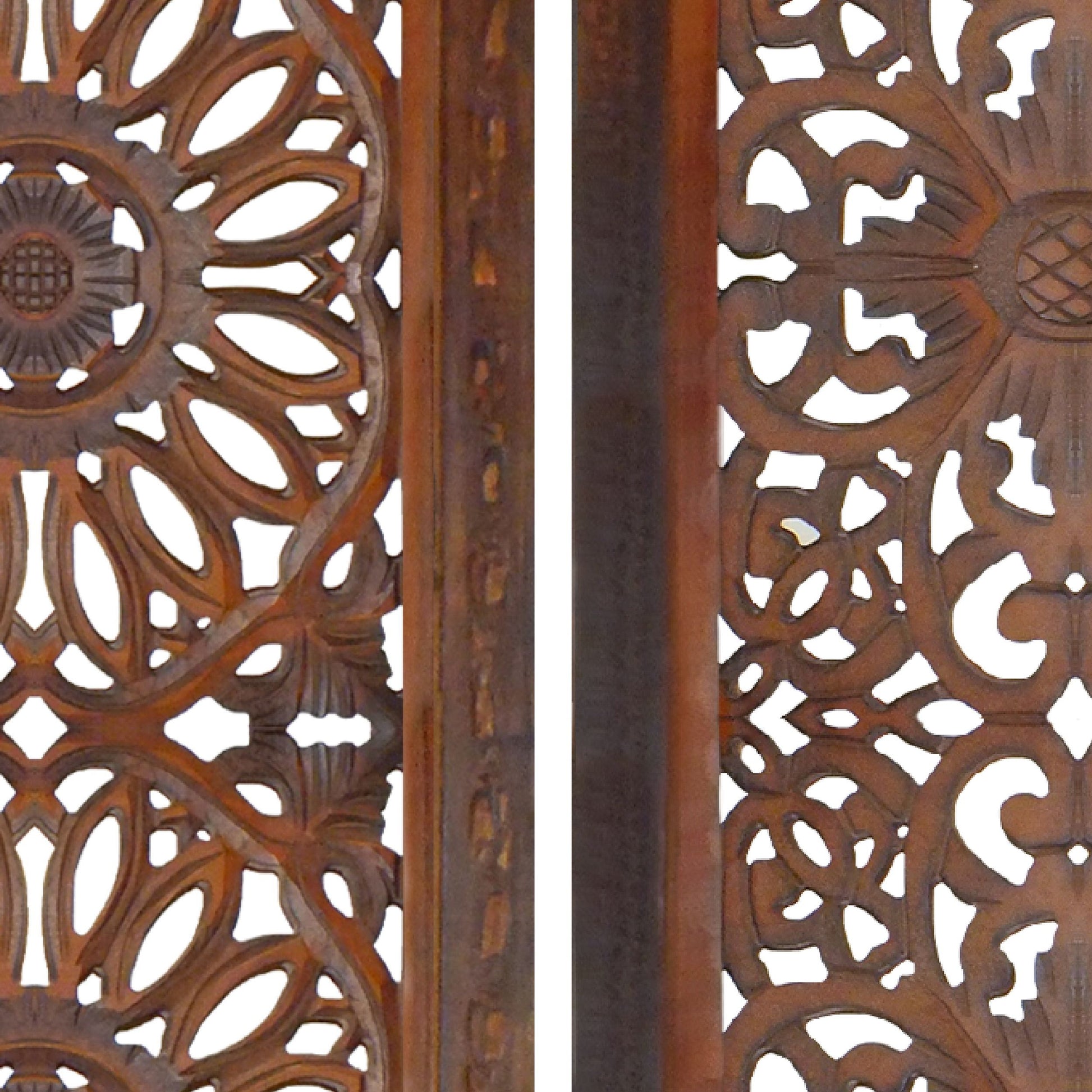 2 Piece Mango Wood Wall Panel Set With Mendallion Carving, Burnt Brown Brown Metal & Wood