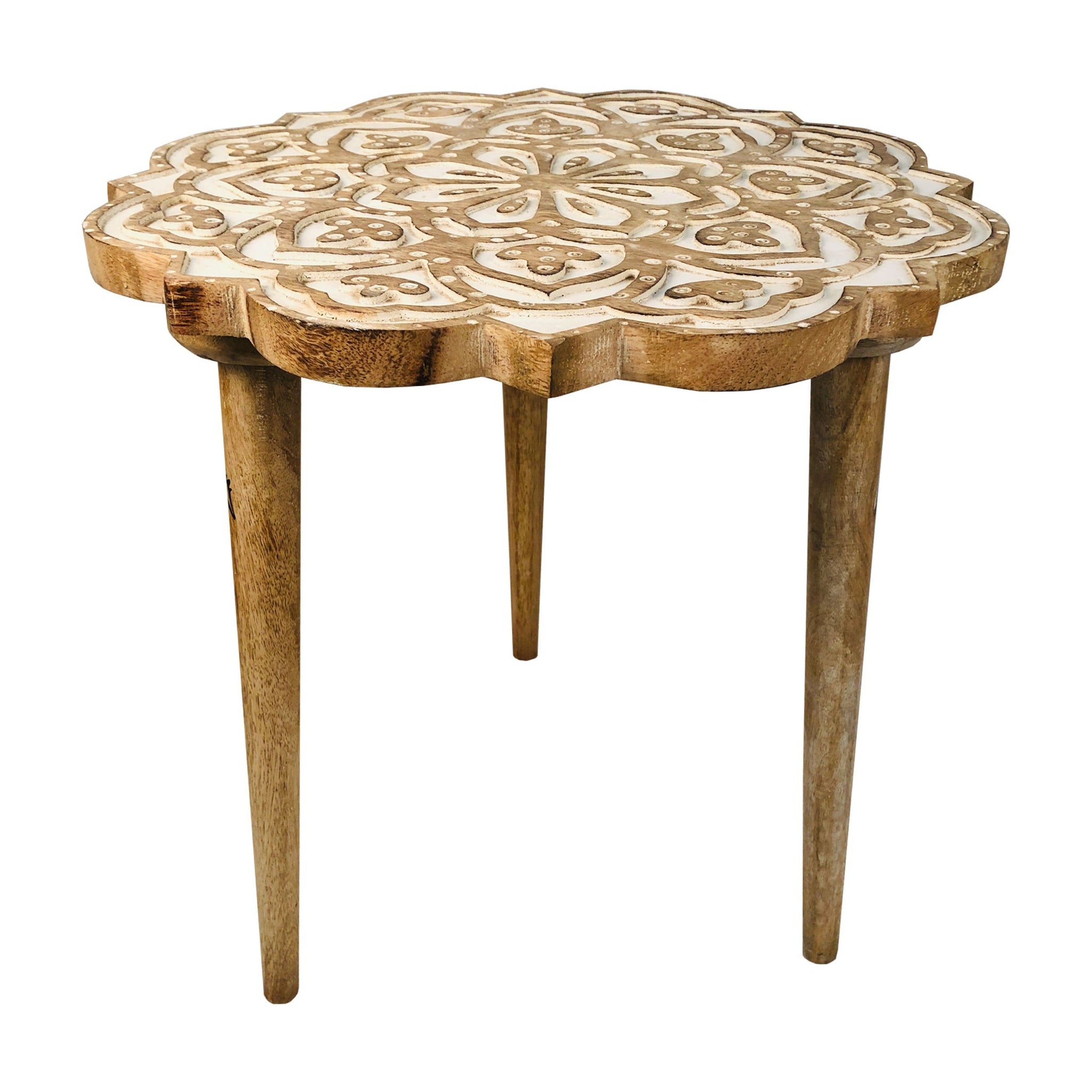 18 Inch Handcrafted Mango Wood Side End Table, Floral Carved Top, Tripod Base, Antique Brown, White Brown White Solid Wood