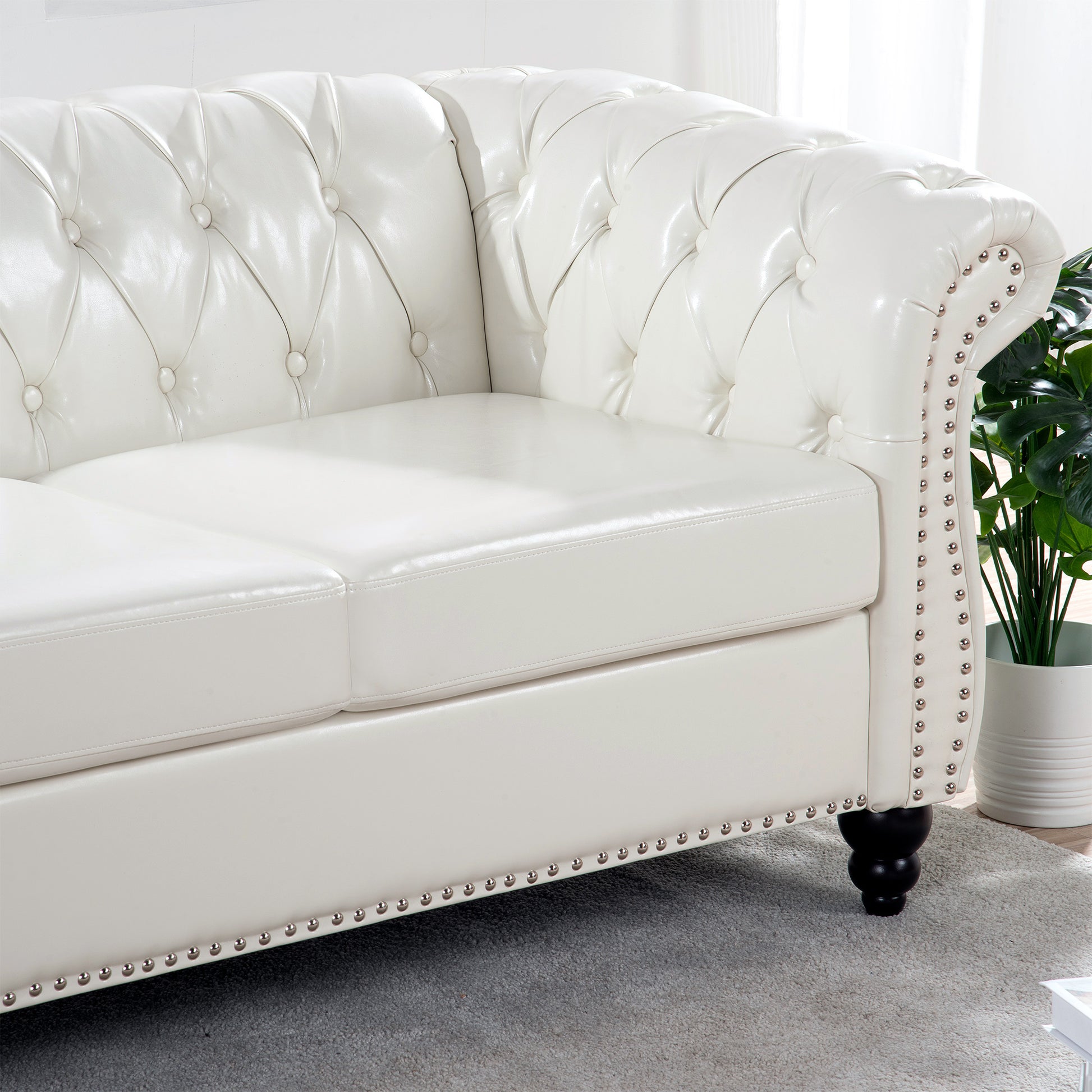 84.65" Rolled Arm Chesterfield 3 Seater Sofa White Foam Pu