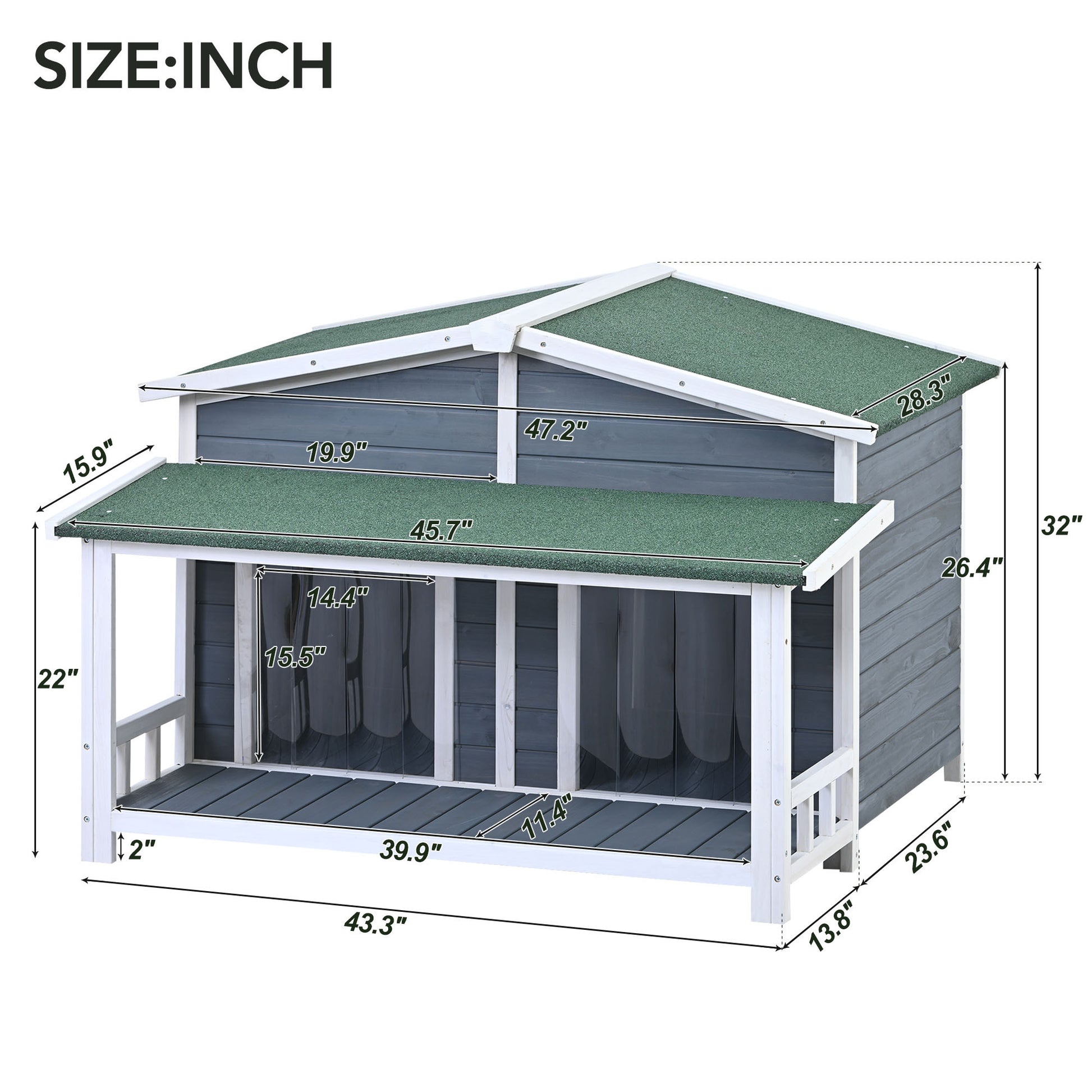 47.2" Large Wooden Dog House Outdoor, Outdoor & Indoor Dog Crate, Cabin Style, With Porch, 2 Doors, Gray And Green Gray Outdoor Kennel Medium 26 40 Lbs Solid Wood