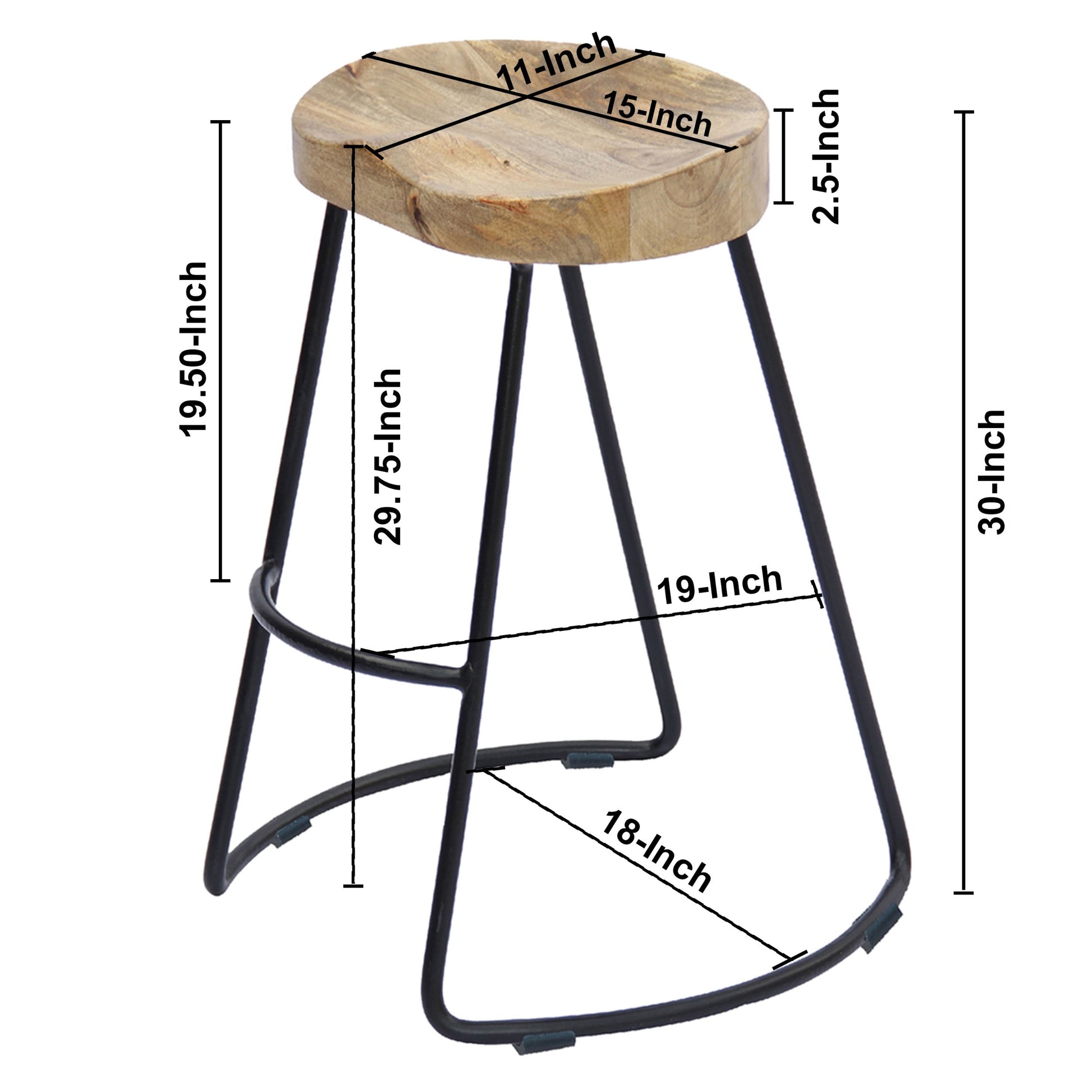 Ela 30 Inch Mango Wood Industrial Barstool, Saddle Seat, Iron Frame, Set Of 2, Brown, Black Walnut Black Metal & Wood