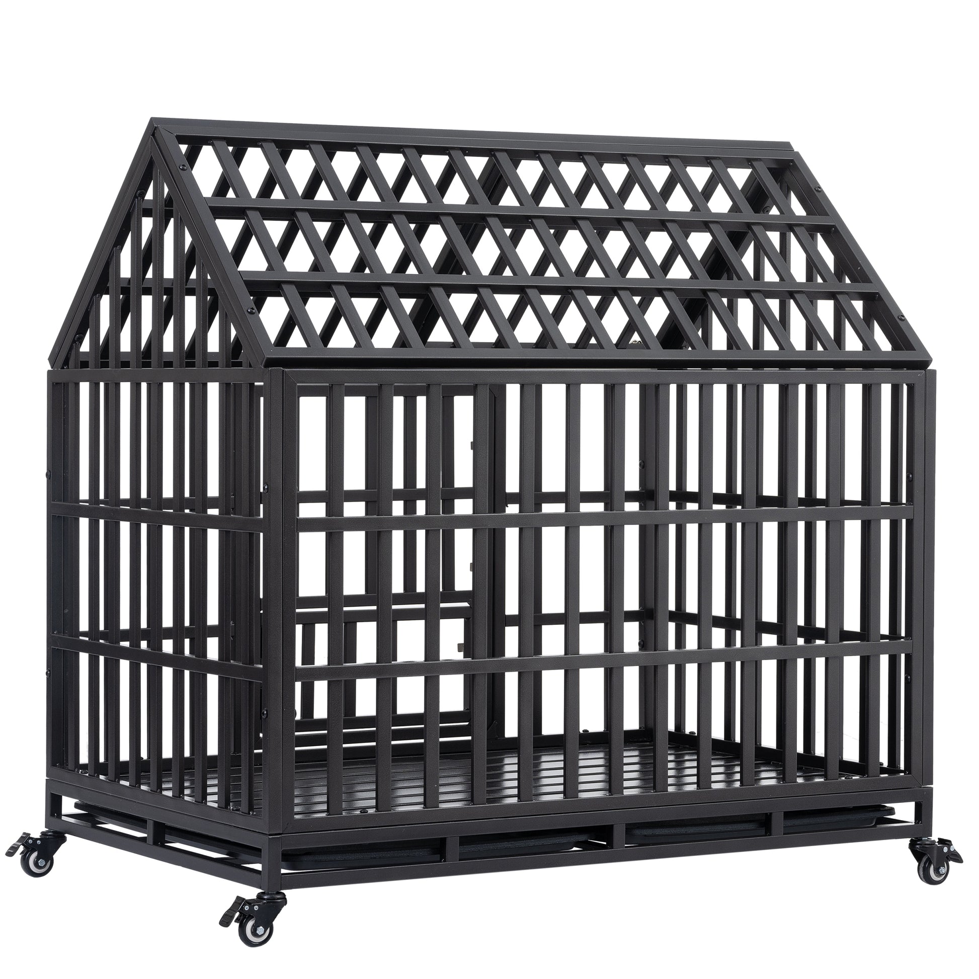 Heavy Duty Dog Cage Pet Crate With Roof Black Carbon Steel