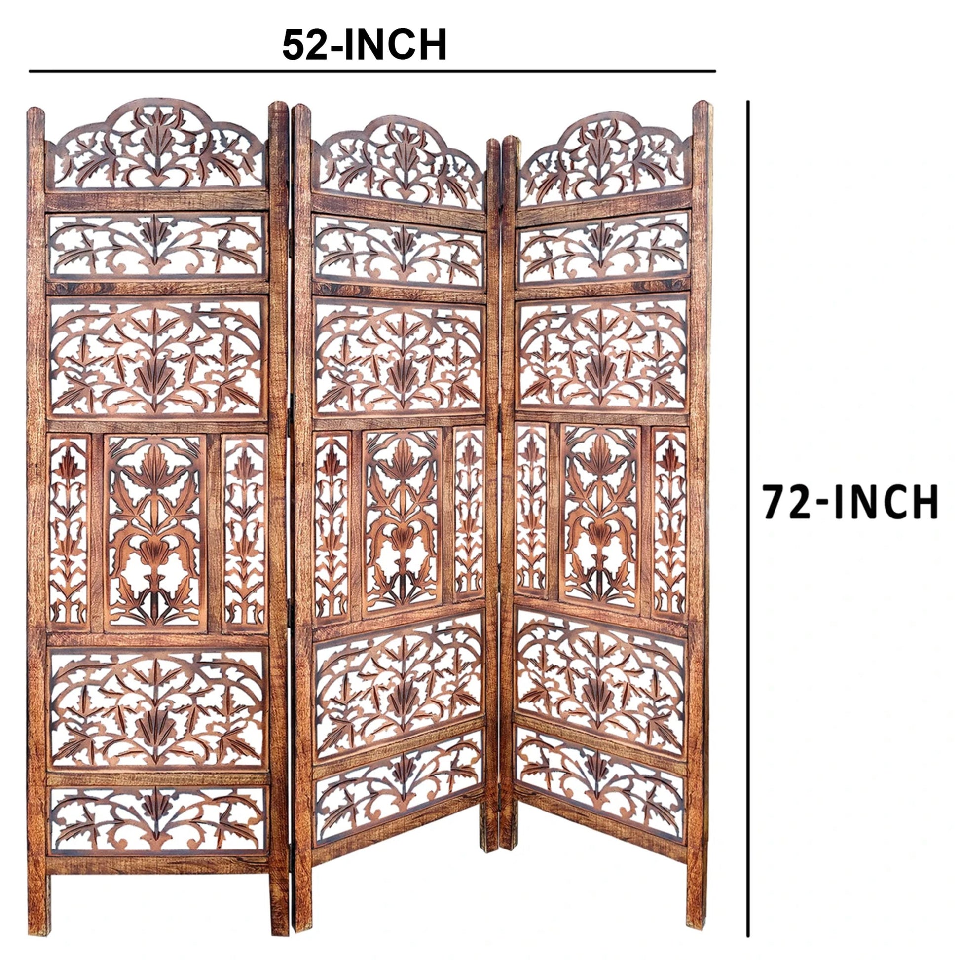 Handcrafted 3 Panel Mango Wood Screen With Cutout Filigree Carvings, Brown Brown Solid Wood Mdf