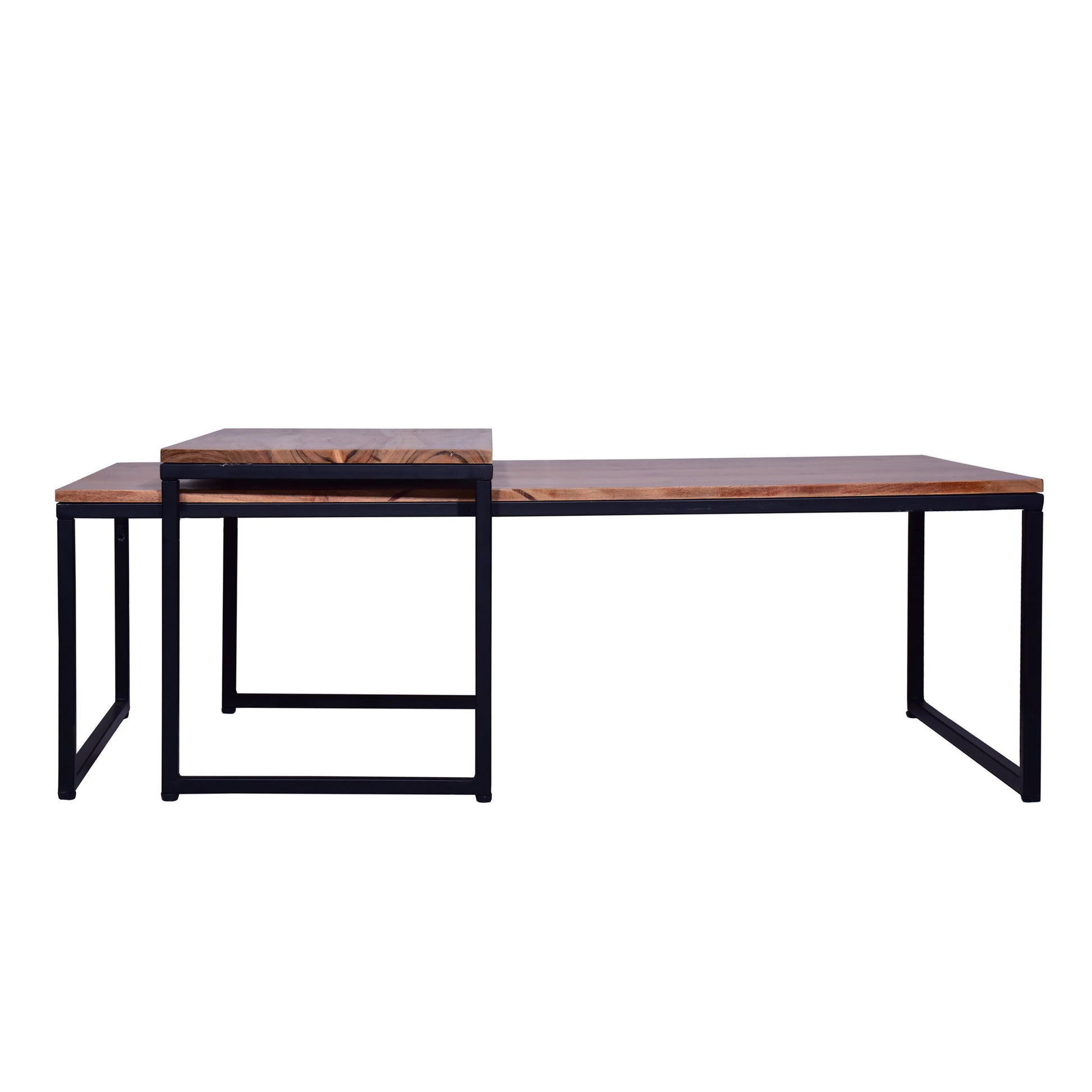 48, 27 Inch 2 Piece Rectangular Wood Nesting Coffee And End Table Set, Sled Metal Base, Brown, Black Walnut Black Metal & Wood
