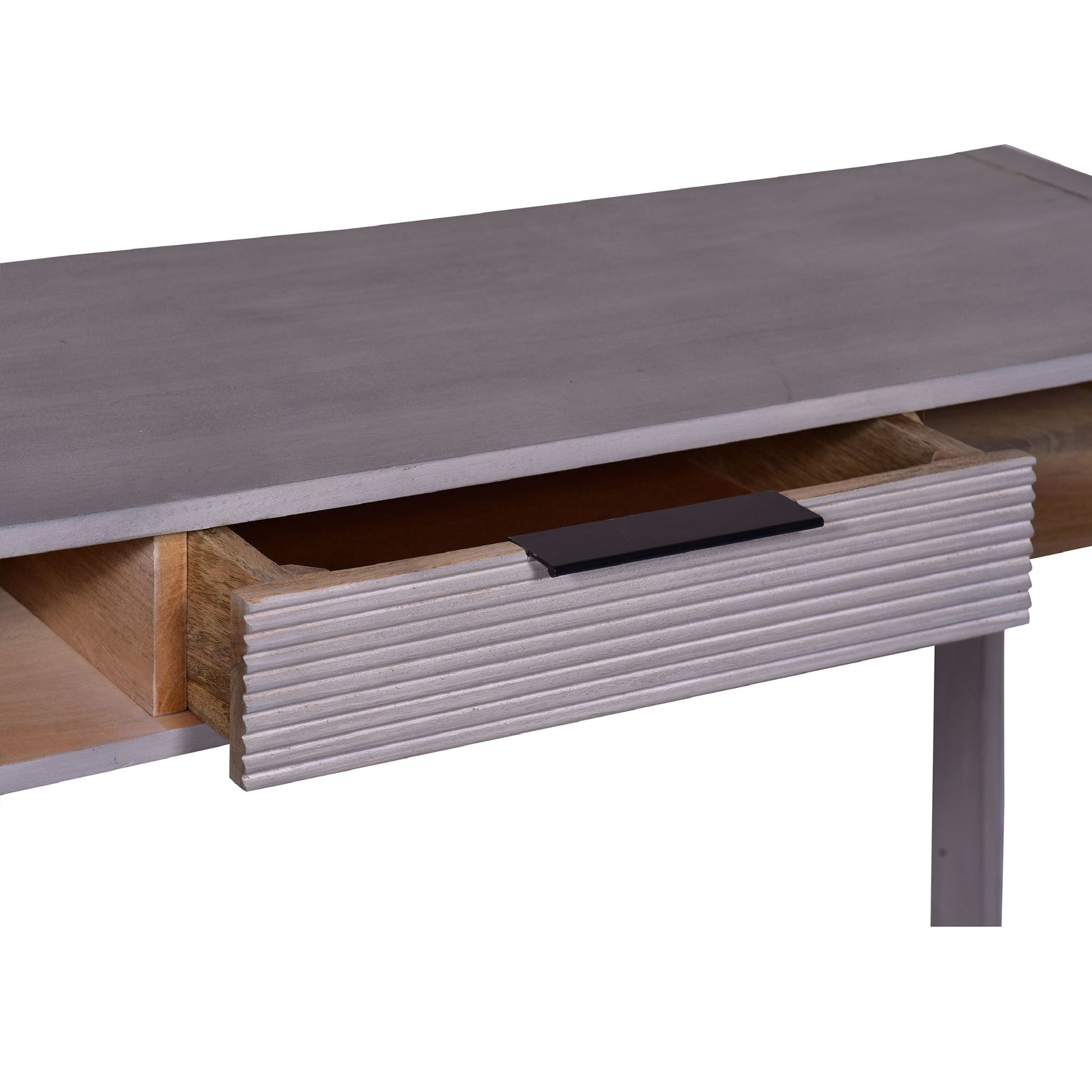 44 Inch Minimalist Single Drawer, Mago Wood, Entryway Console Table Desk, Textured Groove Lines, Gray Gray Solid Wood