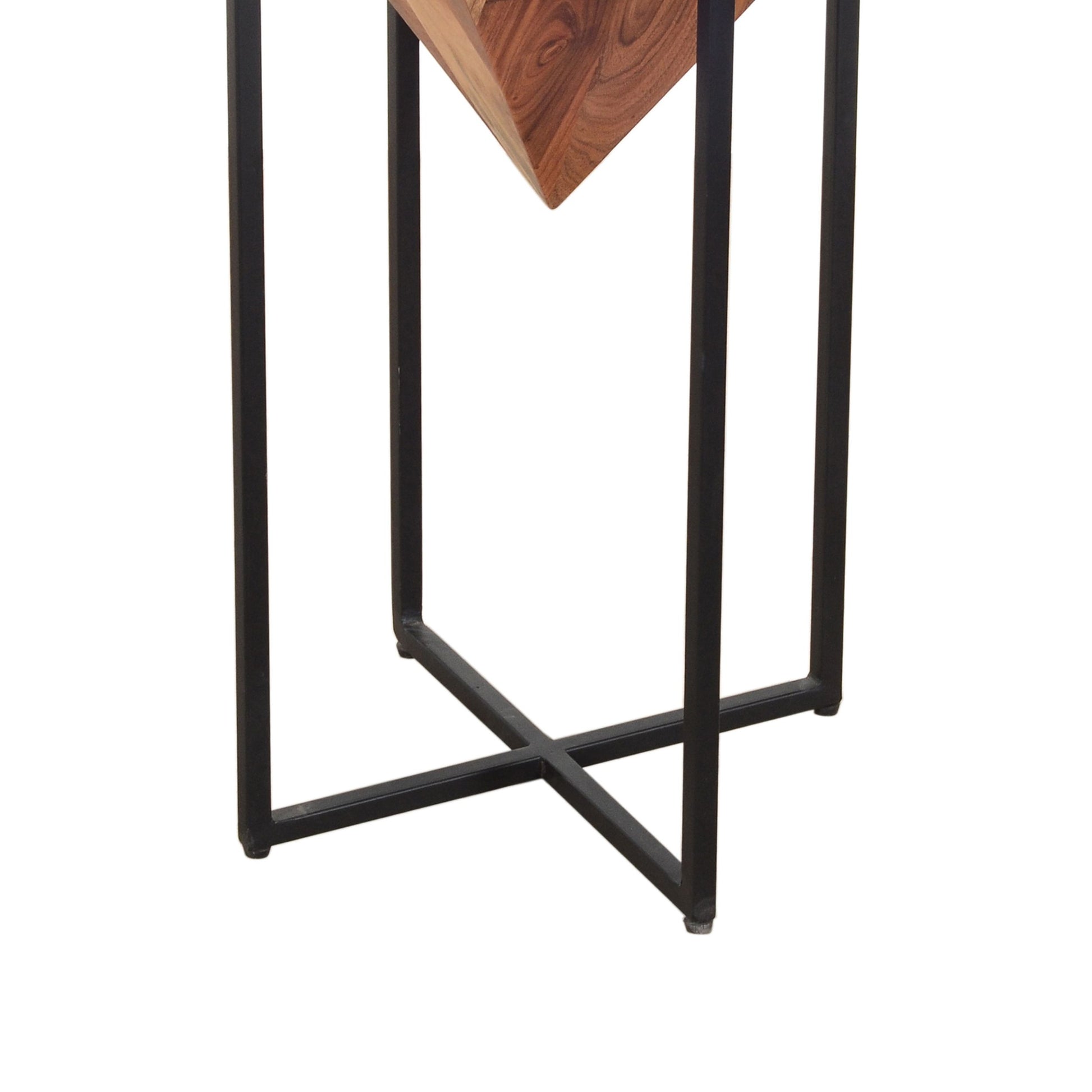 26 Inch Pyramid Shape Wooden Side Table With Cross Metal Base, Brown And Black Walnut Black Metal & Wood