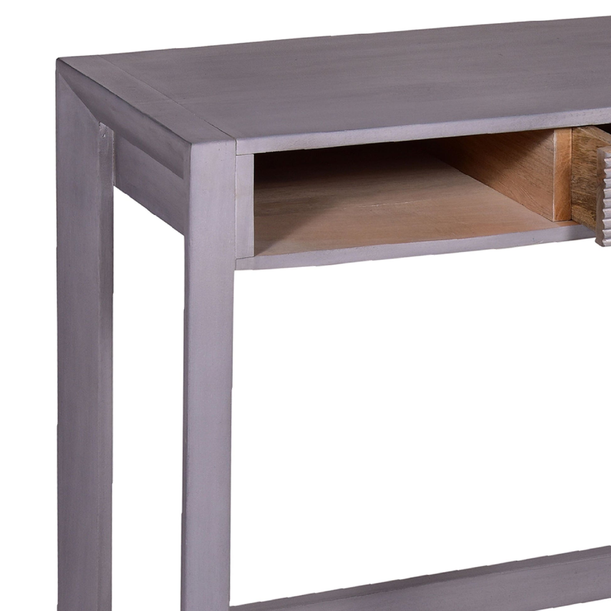 44 Inch Minimalist Single Drawer, Mago Wood, Entryway Console Table Desk, Textured Groove Lines, Gray Gray Solid Wood