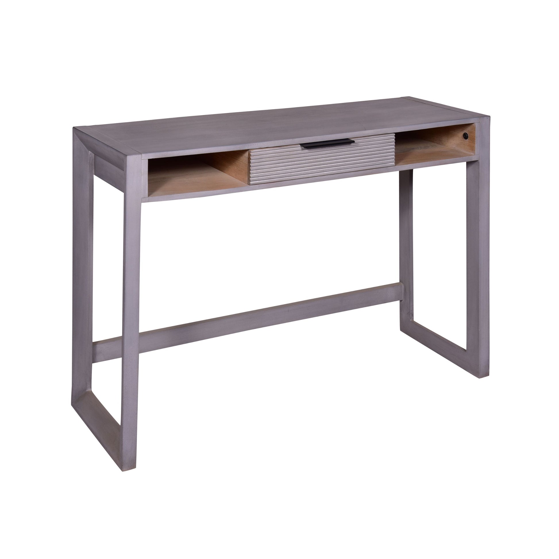 44 Inch Minimalist Single Drawer, Mago Wood, Entryway Console Table Desk, Textured Groove Lines, Gray Gray Solid Wood