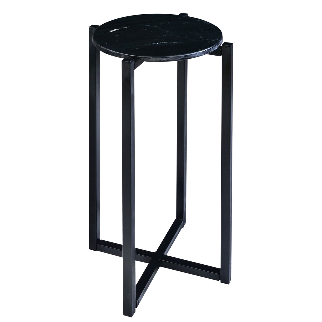 Ivy 24.5 Inch Round Marble Top Accent Side Table With Metal Frame, Black Black Iron