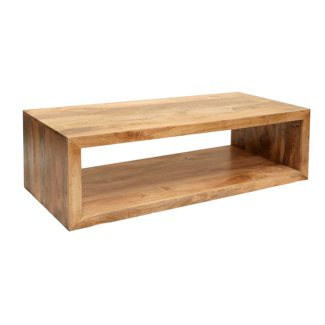 Keli 58 Inch Mango Wood Coffee Table, Open Cube, 1 Shelf, Natural Brown Brown Solid Wood