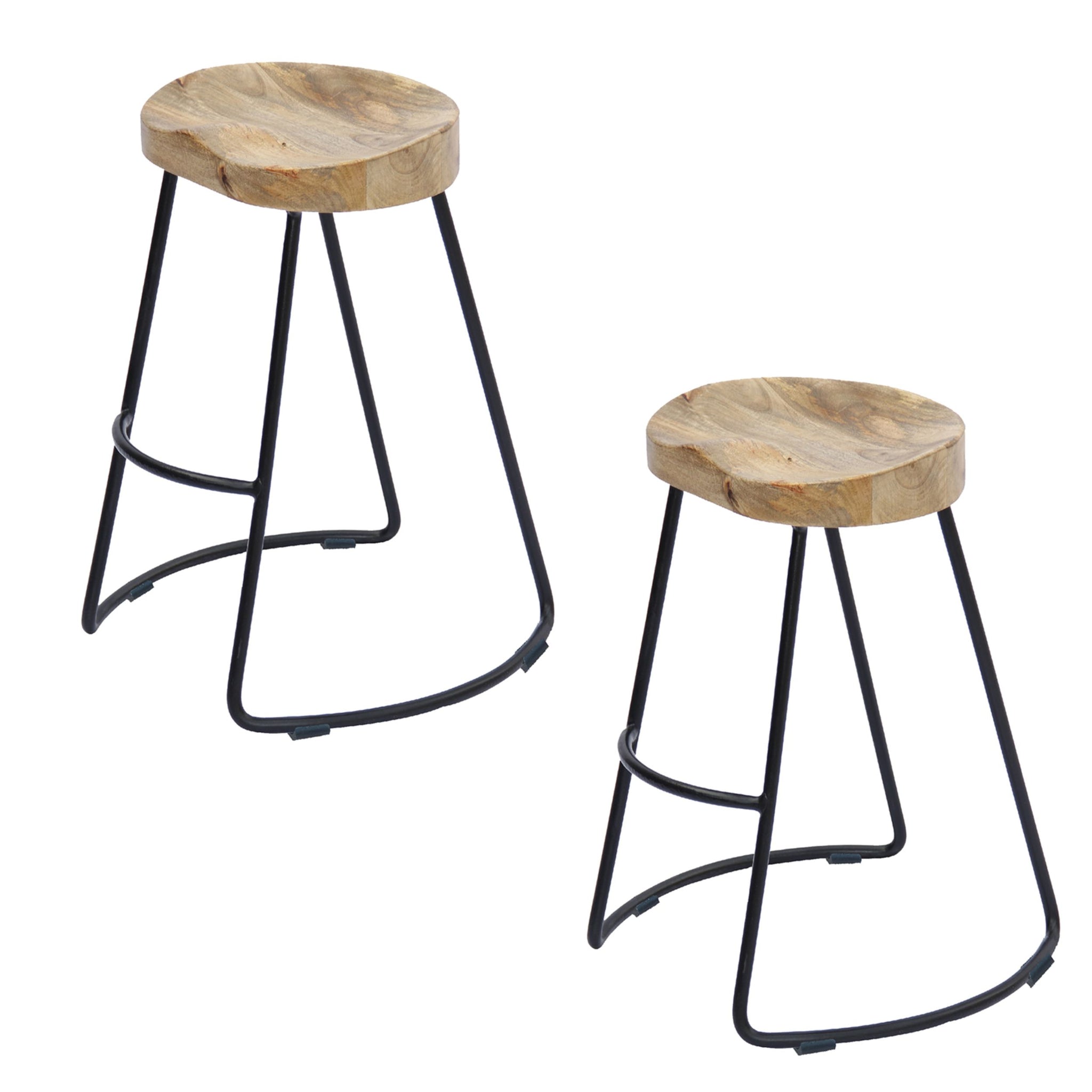 Ela 30 Inch Mango Wood Industrial Barstool, Saddle Seat, Iron Frame, Set Of 2, Brown, Black Walnut Black Metal & Wood