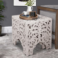 Wooden End Table With Floral Cut Out Design, Set Of 2, Antique White White Solid Wood