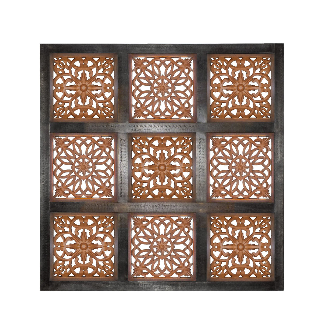 Decorative Mango Wood Wall Panel With Cutout Flower Pattern, Brown Brown Metal & Wood