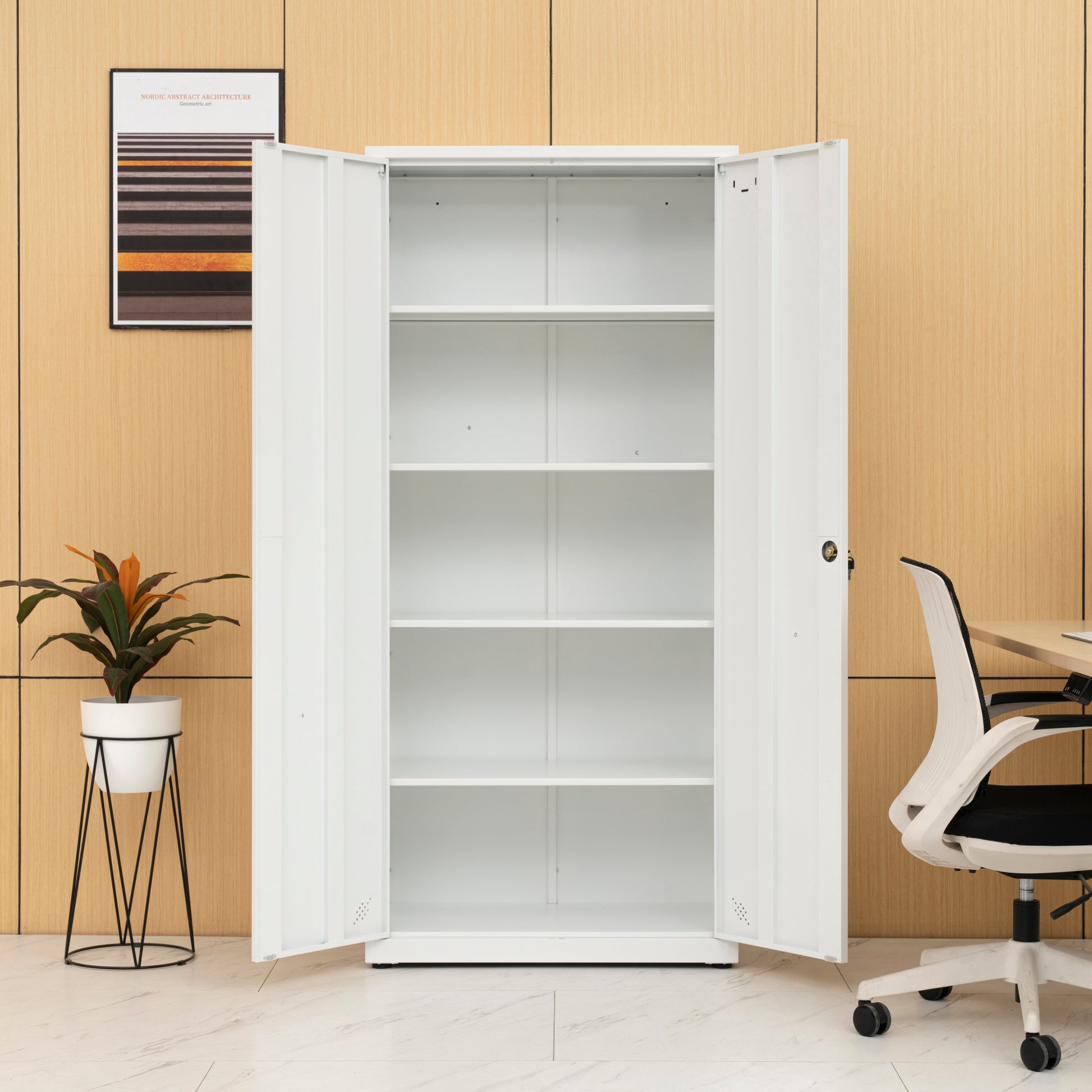 High Storage Cabinet With 2 Doors And 4 Partitions To Separate 5 Storage Spaces, Home Office Design 3 4 Shelves White Office Steel