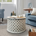 28 Inch Artisanal Round Mango Wood Coffee Table, Intricate Diamond Lattice Cut Out Frame, Washed White White Solid Wood