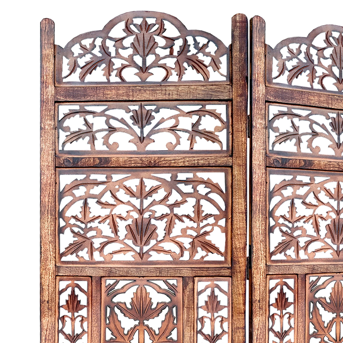 Handcrafted 3 Panel Mango Wood Screen With Cutout Filigree Carvings, Brown Brown Solid Wood Mdf