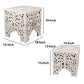 Wooden End Table With Floral Cut Out Design, Set Of 2, Antique White White Solid Wood