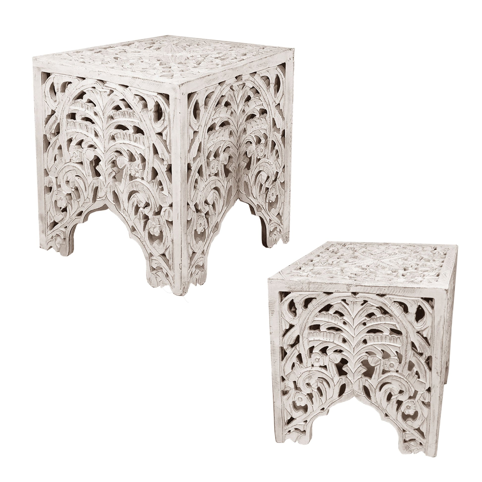 Wooden End Table With Floral Cut Out Design, Set Of 2, Antique White White Solid Wood