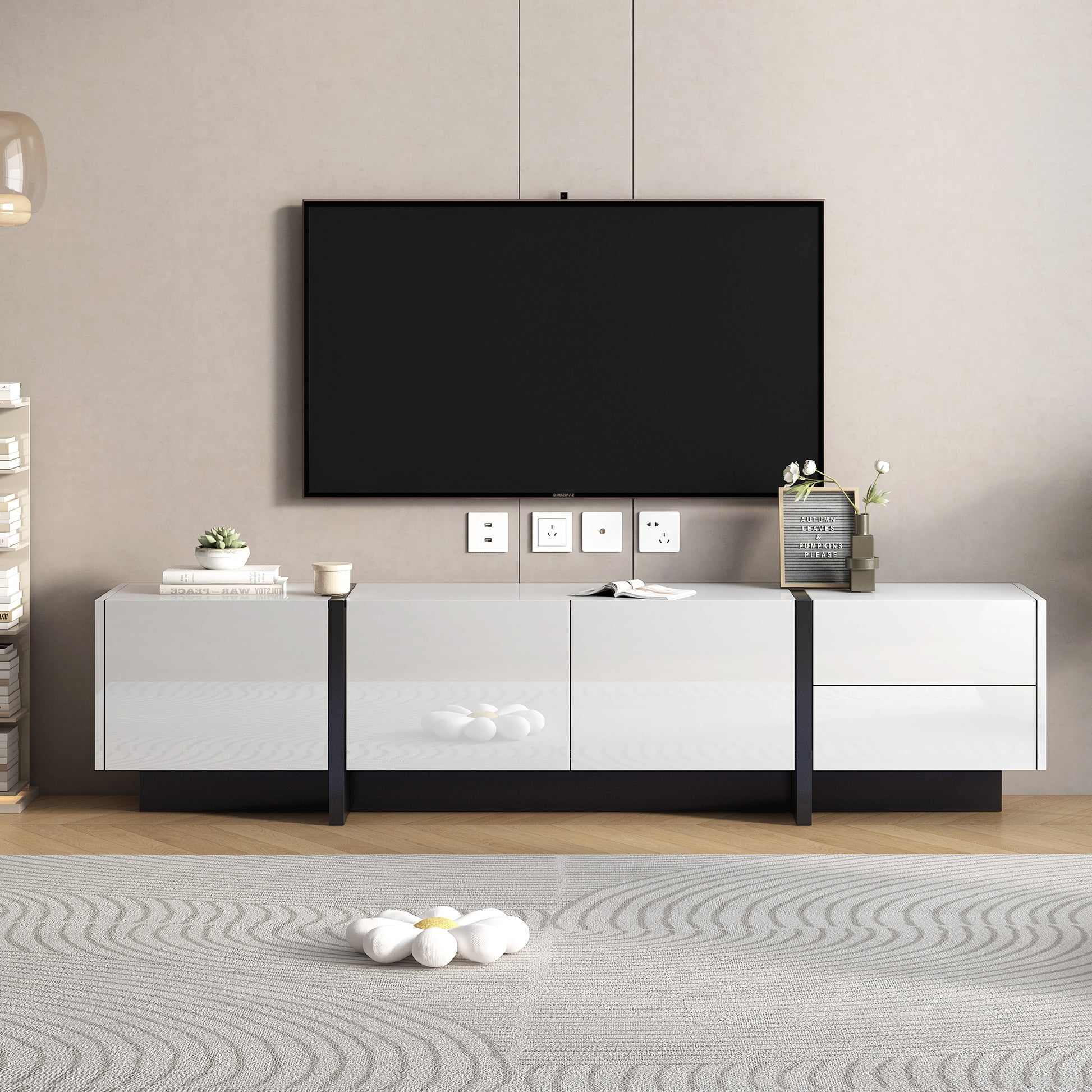 White & Black Contemporary Rectangle Design Tv Stand, Unique Style Tv Console Table For Tvs Up To 80'', Modern Tv Cabinet With High Gloss Uv Surface For Living Room. White 80 89 Inches Particle Board