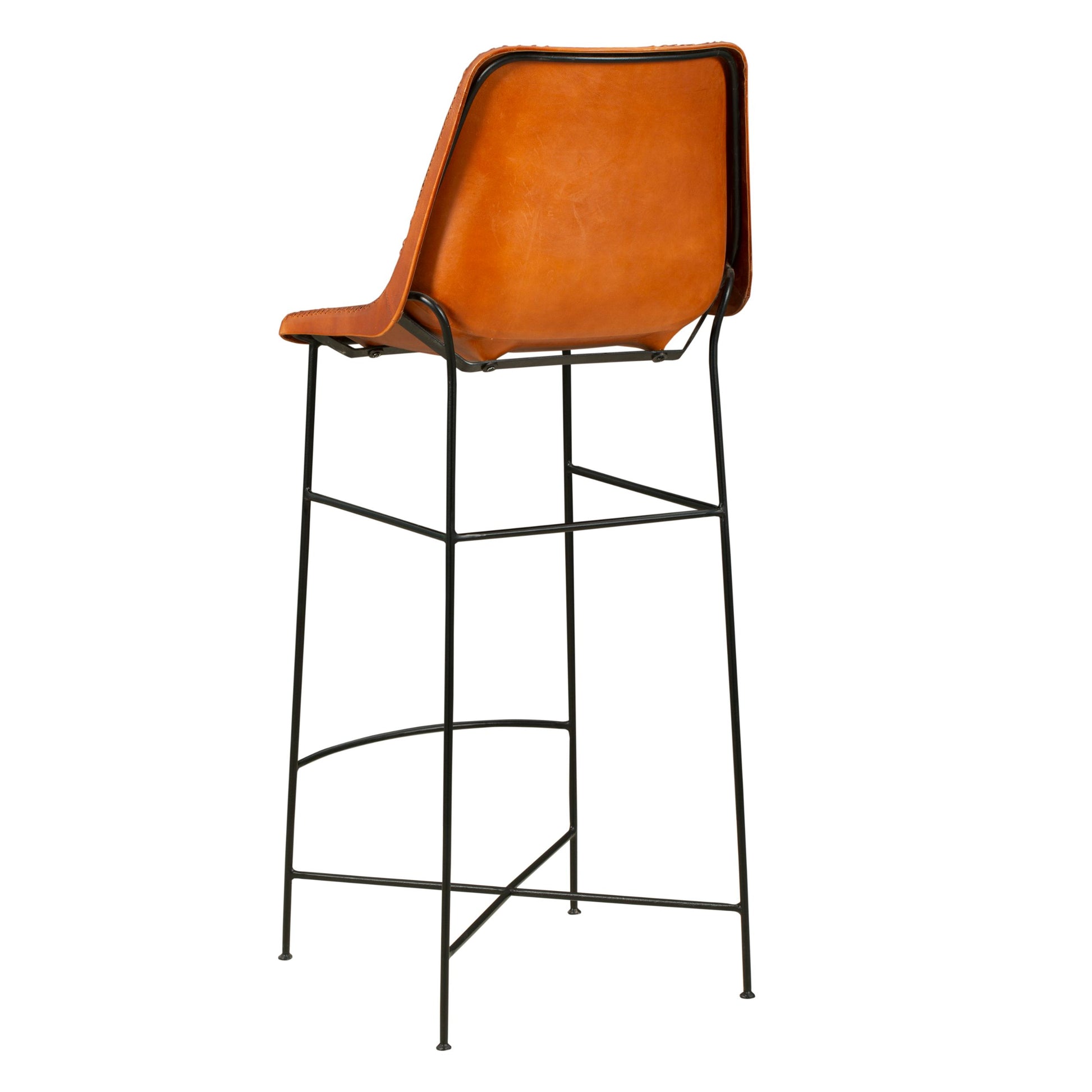 Bar Height Chair With Genuine Leather Upholstery, Tubular Frame, Tan Brown, Black Walnut Black Iron